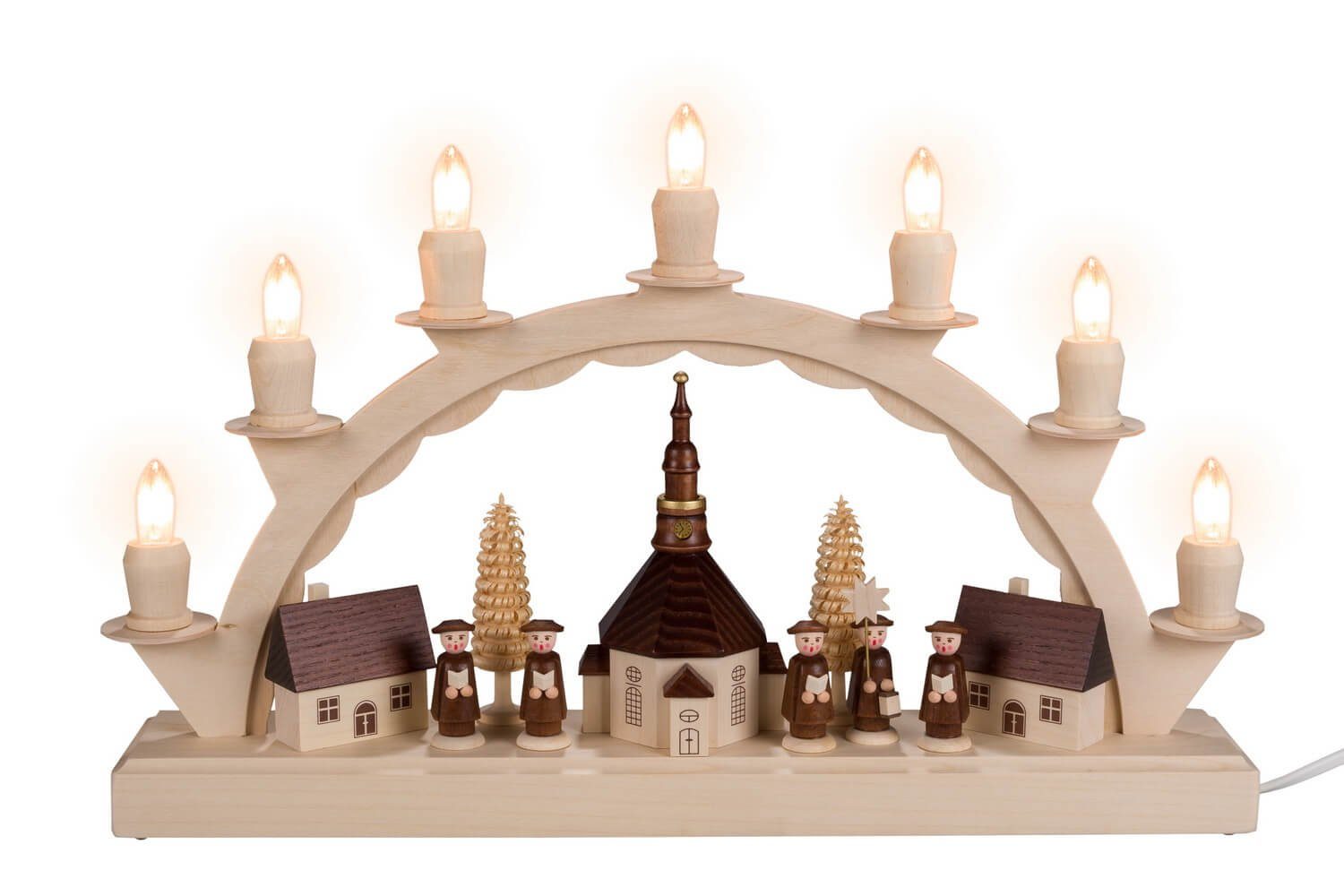 SEIFFEN.COM by Nestler LED Schwibbogen LED Schwibbogen Seiffener Dorf mit Kurrende, 38 cm von Nestler-Seiffen, 7 x LED Riffelkerzen 10 - 55 V (0,2 W) E10