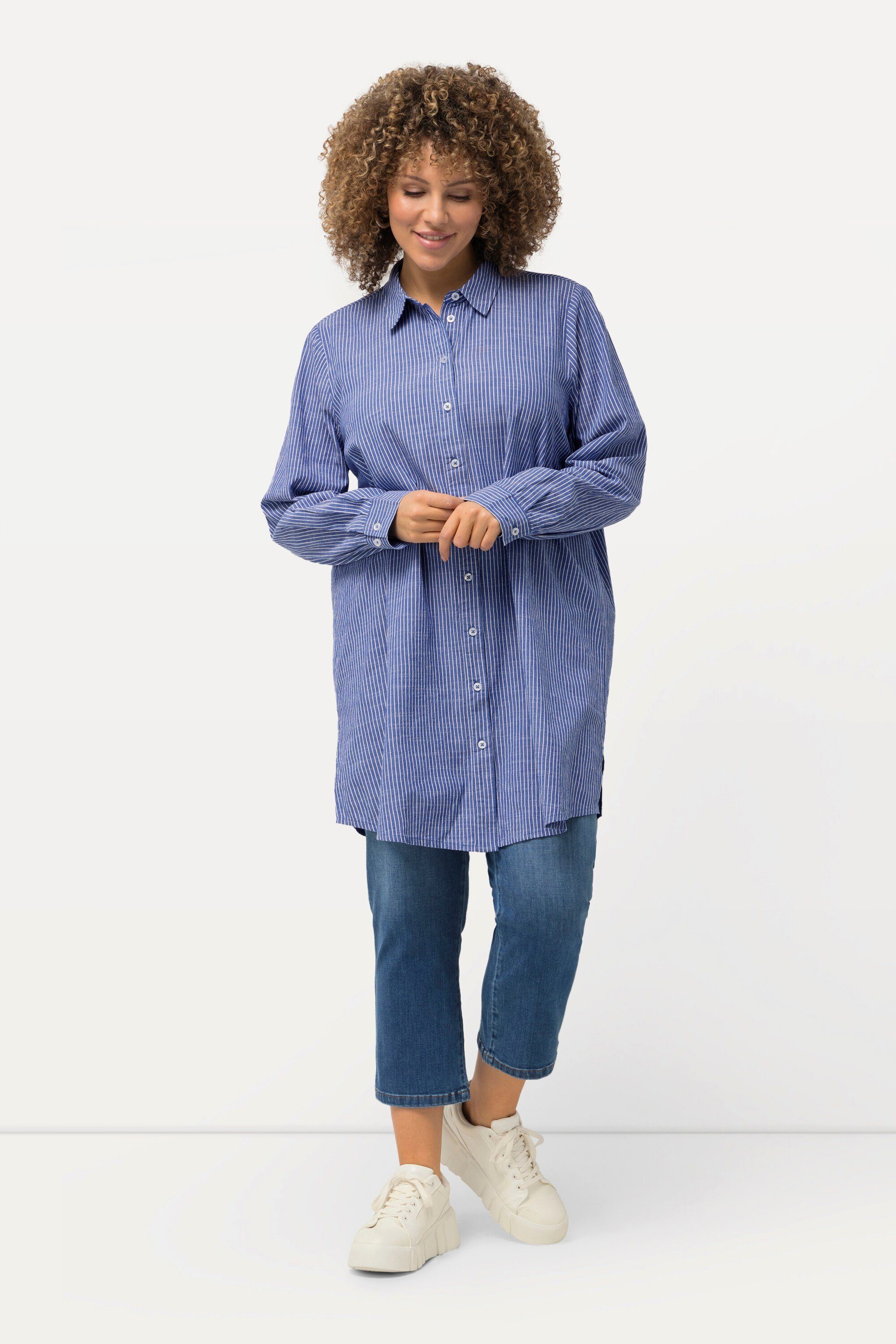 Longbluse Longbluse Streifen A-Linie Hemdkragen Langarm