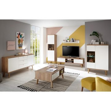 Lomadox Highboard MAINZ-61, weiß matt mit Eiche Riviera Nb. 90x134x40cm