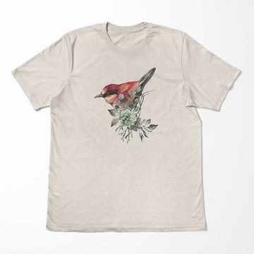 Sinus Art T-Shirt Herren Shirt Organic T-Shirt Aquarell Motiv kleiner Vogel Blumen Bio-Baumwolle Ökomode Nachhaltig F (1-tlg)