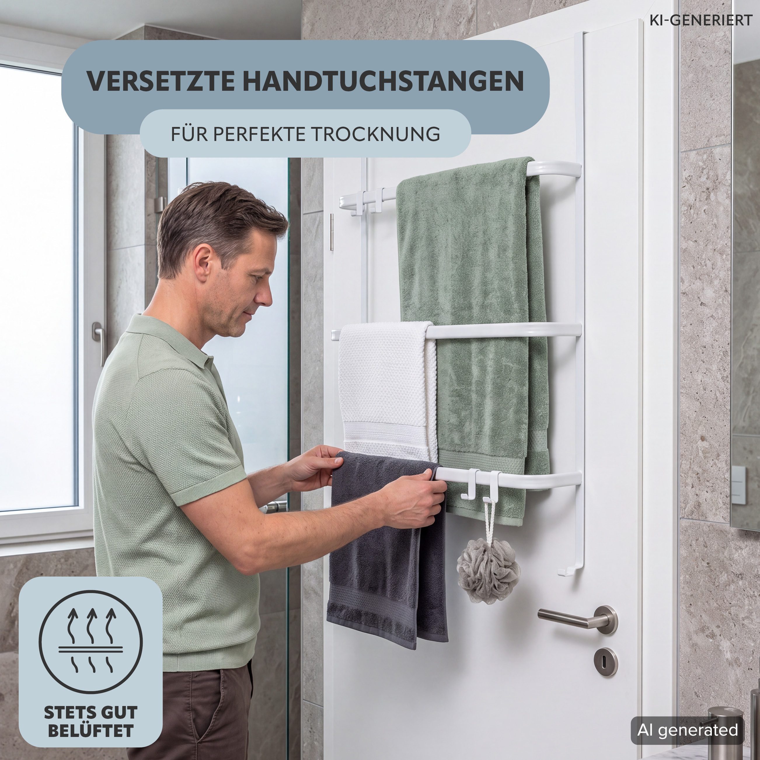 bremermann Handtuchhalter Tür-Hängeregal aus Metall, 3 Handtuchstangen und 4 Haken – Bild 3 von 5