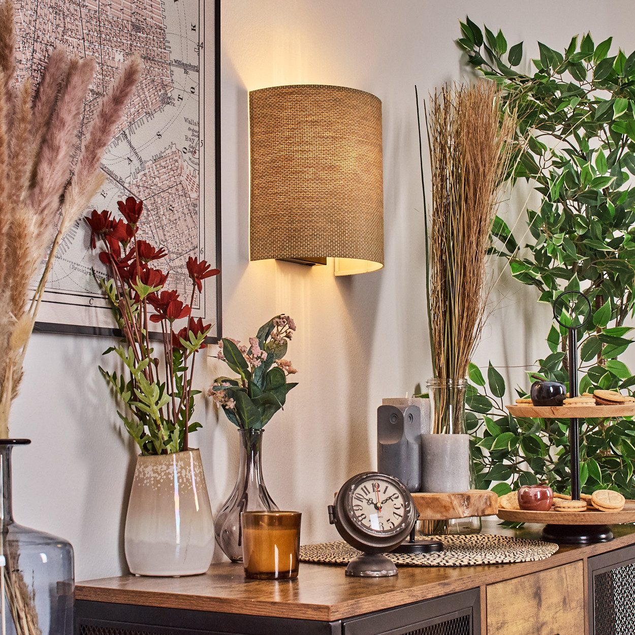 hofstein Wandleuchte Wandlampe aus Metall/Bast/Wienergeflecht in Schwarz/Natur, Lichteffekt, Wandleuchte Boho-Design, Stecker u. Schalter, abnehmbares Kabel, E27