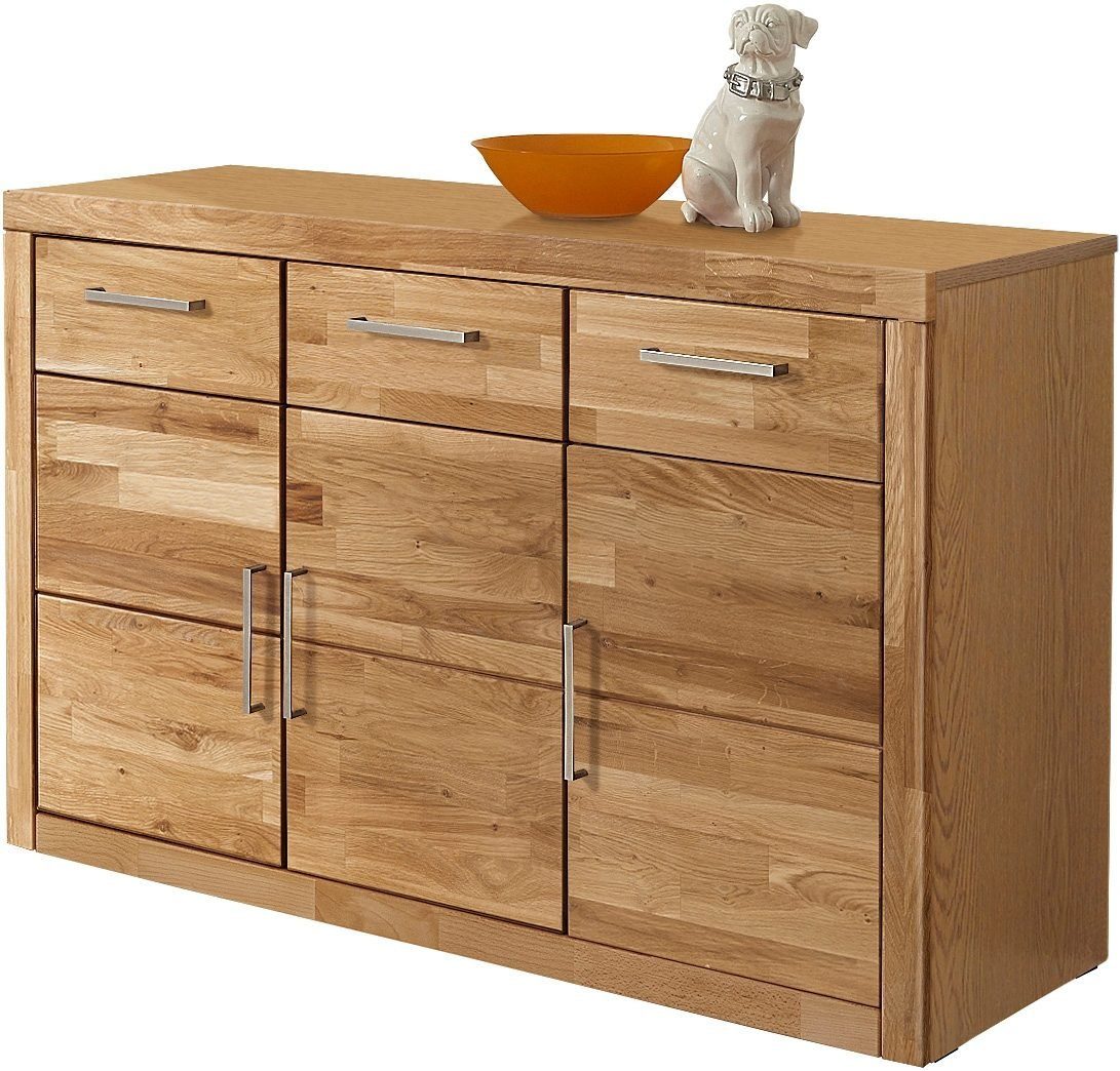 OTTO home Sideboard Logo,130cm breit,42 cm tief, Fronten Massivholz,2 breite Fächer, Holz massiv, Holzwerkstoff, Metall Griffe,3Türen,3Schubladen