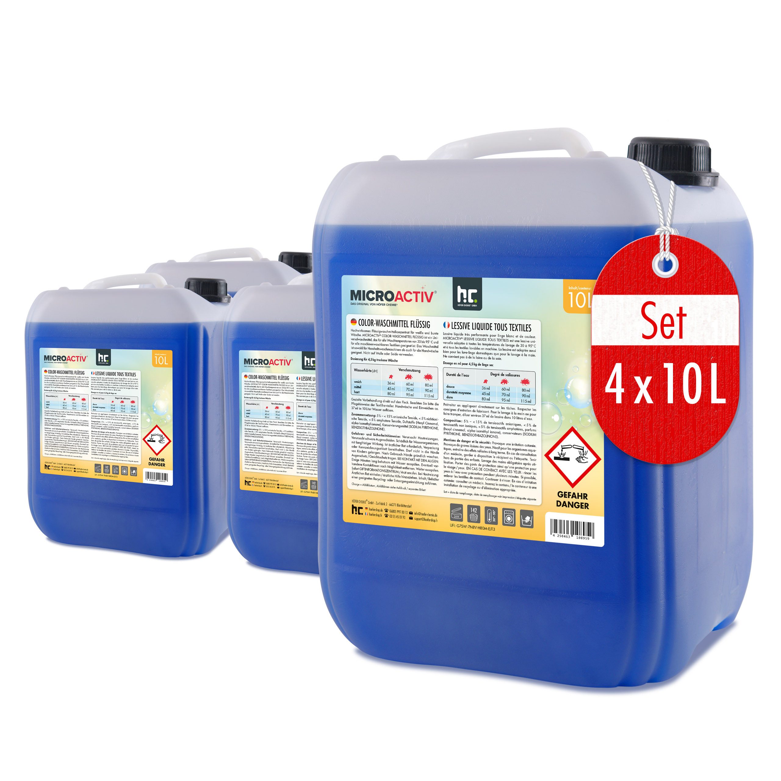Höfer Chemie GmbH 4x 10 L Microactiv® Color Waschmittel flüssig Grundreiniger (Strahlende Farben und sanfte Reinigung)