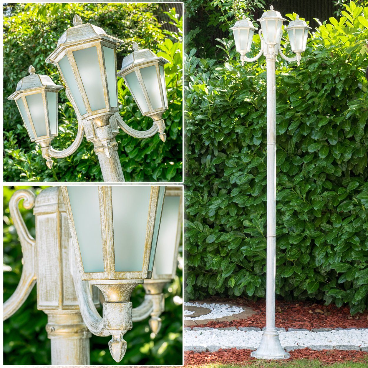 hofstein Außen-Stehlampe »Nurri« Außenleuchte Kandelaber in antikem Look, ohne Leuchtmittel, Aluguss in Weiß/Gold mit Milchglas-Scheiben, 3-armig 210cm, E27, IP44