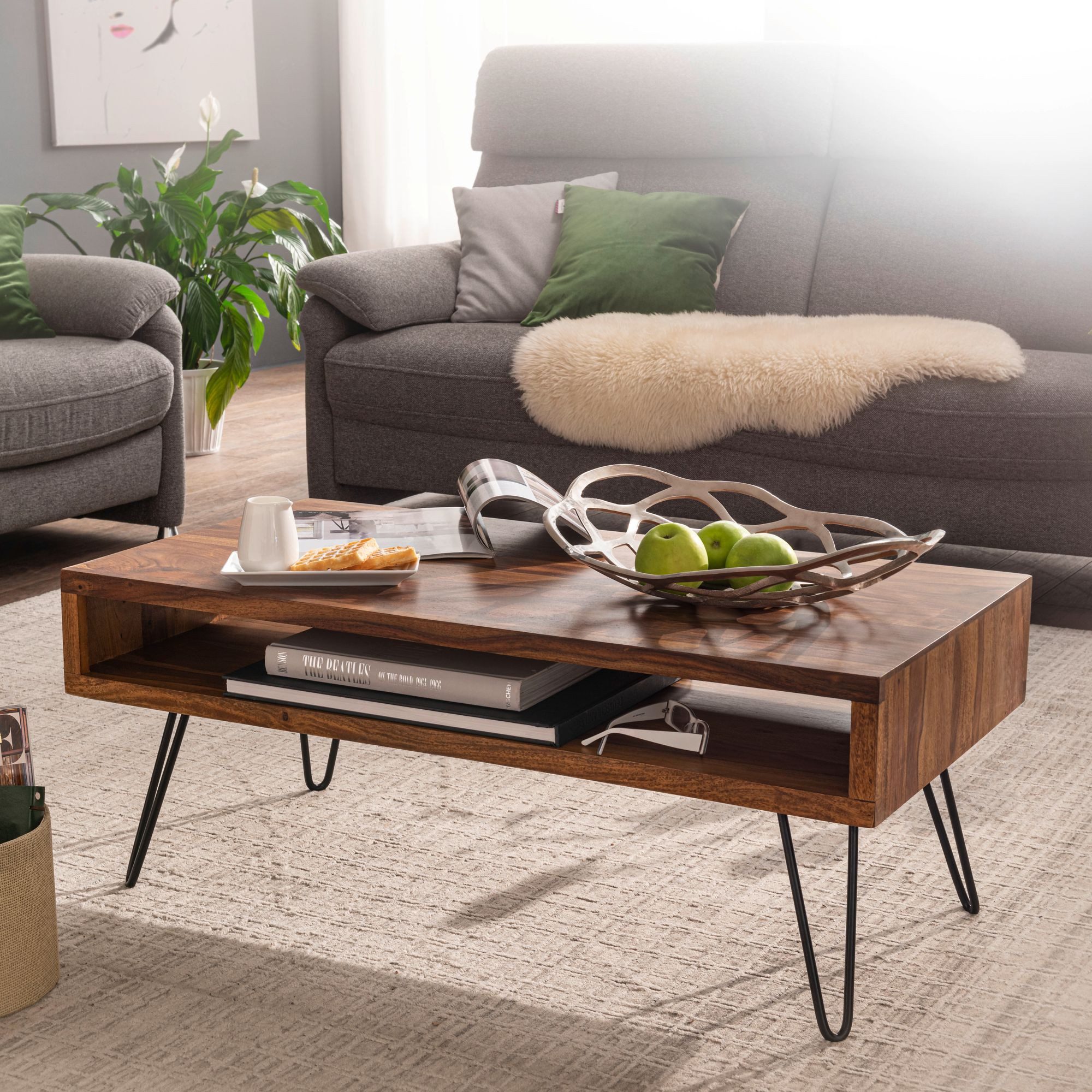 FINEBUY Couchtisch FB54858 (100x40x50 cm Sheesham Massivholz Metall Sofatisch), Design Wohnzimmertisch Rechteckig mit Stauraum