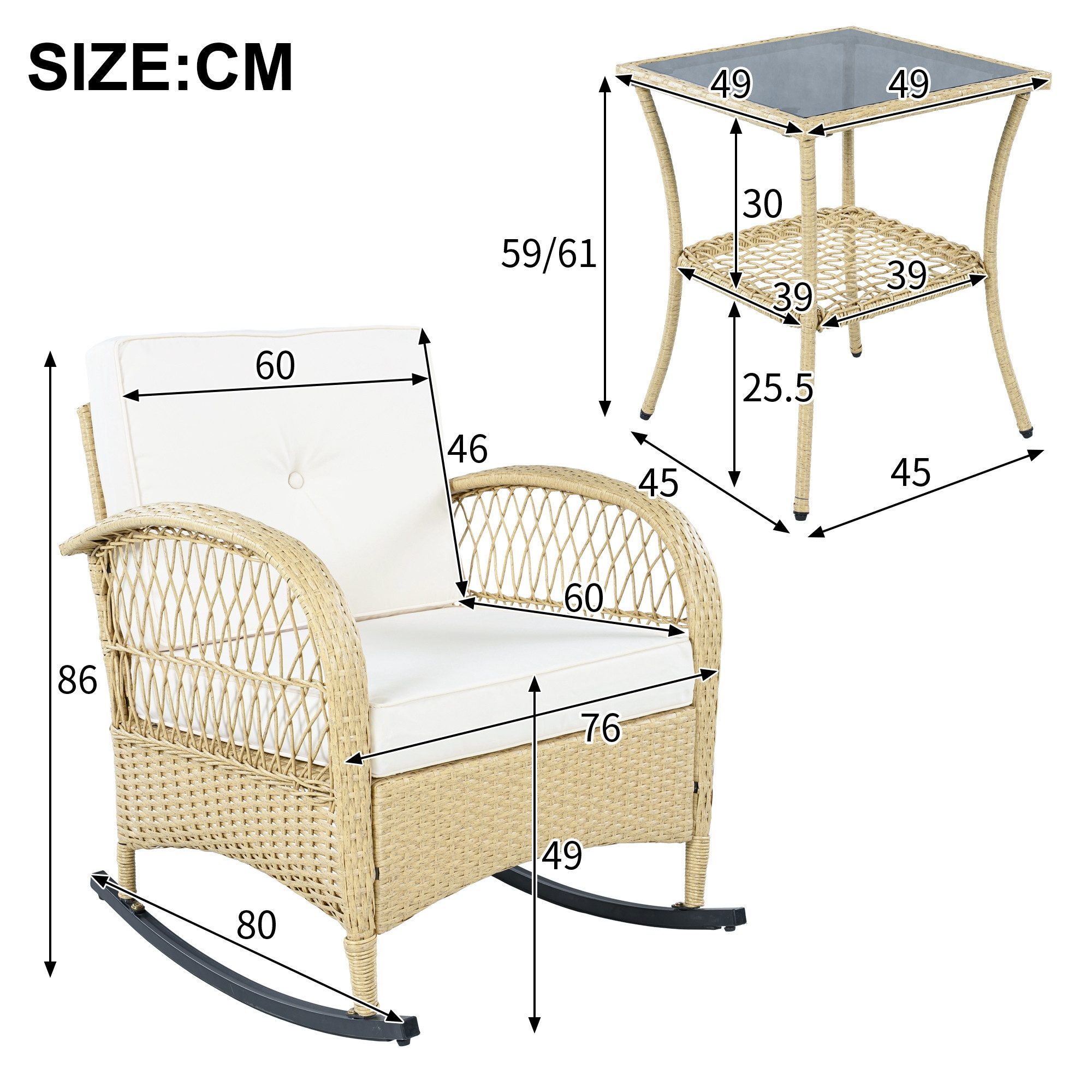 Celya Balkonset Balkonmöbel Set 2 personen Rattan, Balkonmöbel, 3-teilig, (Zwei Schaukelstühle mit sanfter Wippfunktion, Tragkraft 160 kg), Akazienplatte mit grauen Kissen
