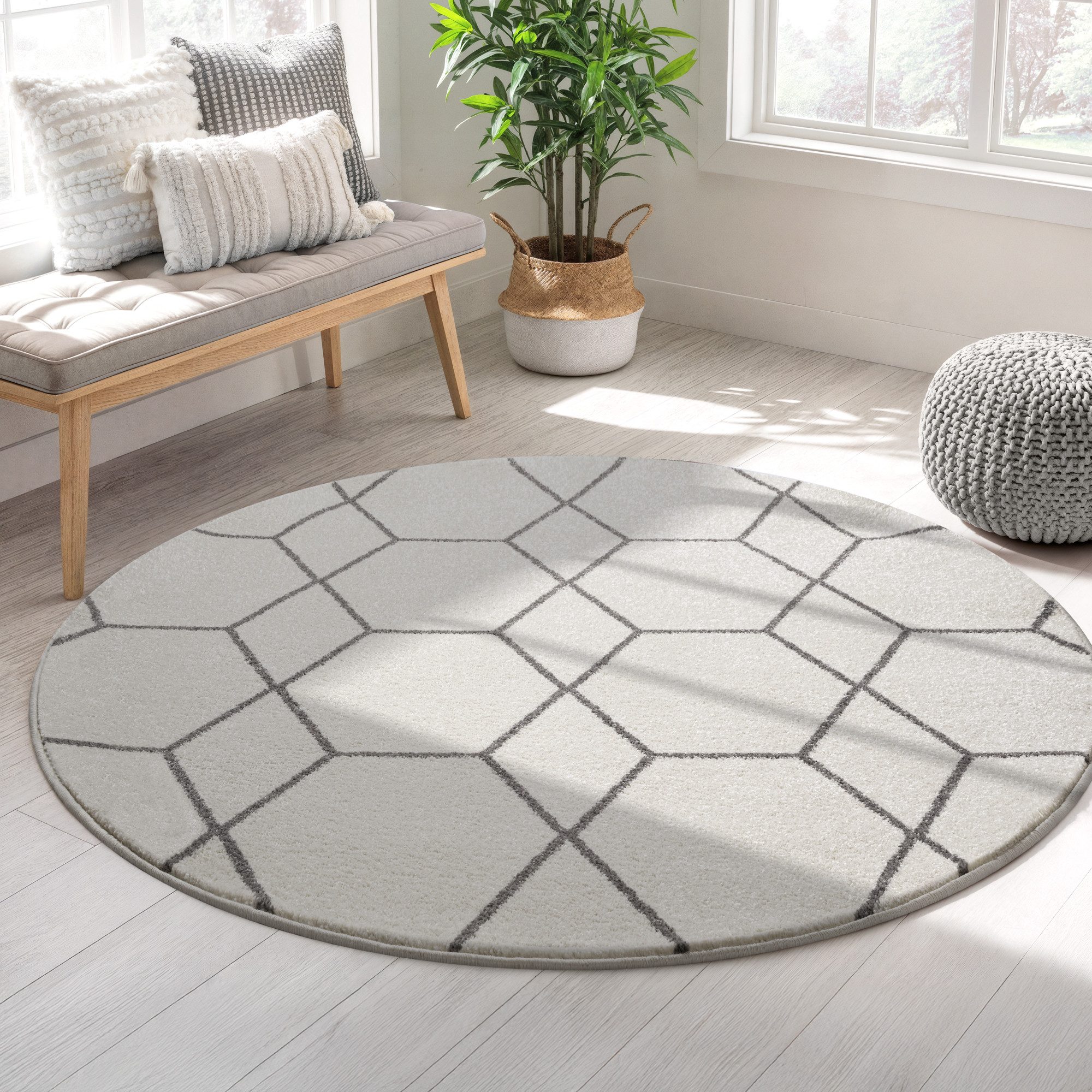 Sanat Teppich Trellis, auch als Läufer und Rund, rund, Höhe: 10 mm, Kurzflor, skandi, boho, große Farbauswahl, alle Räume