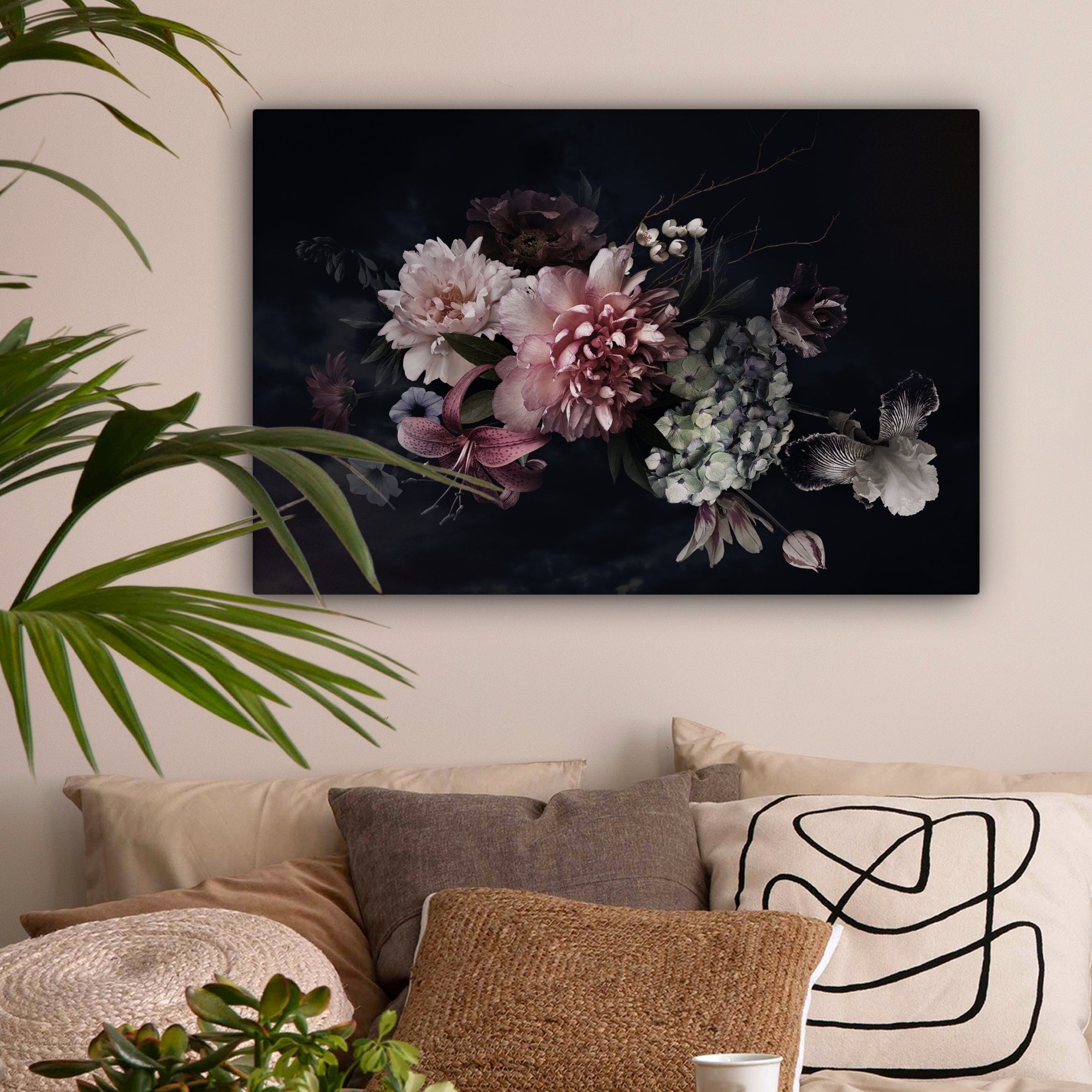 OneMillionCanvasses® Leinwandbild Blumen - Vintage - Pastell - Schwarz - Blumenstrauß, Fotodruck (1 St), Leinwände Wanddeko Wohnzimmer Schlafzimmer 60x40 cm