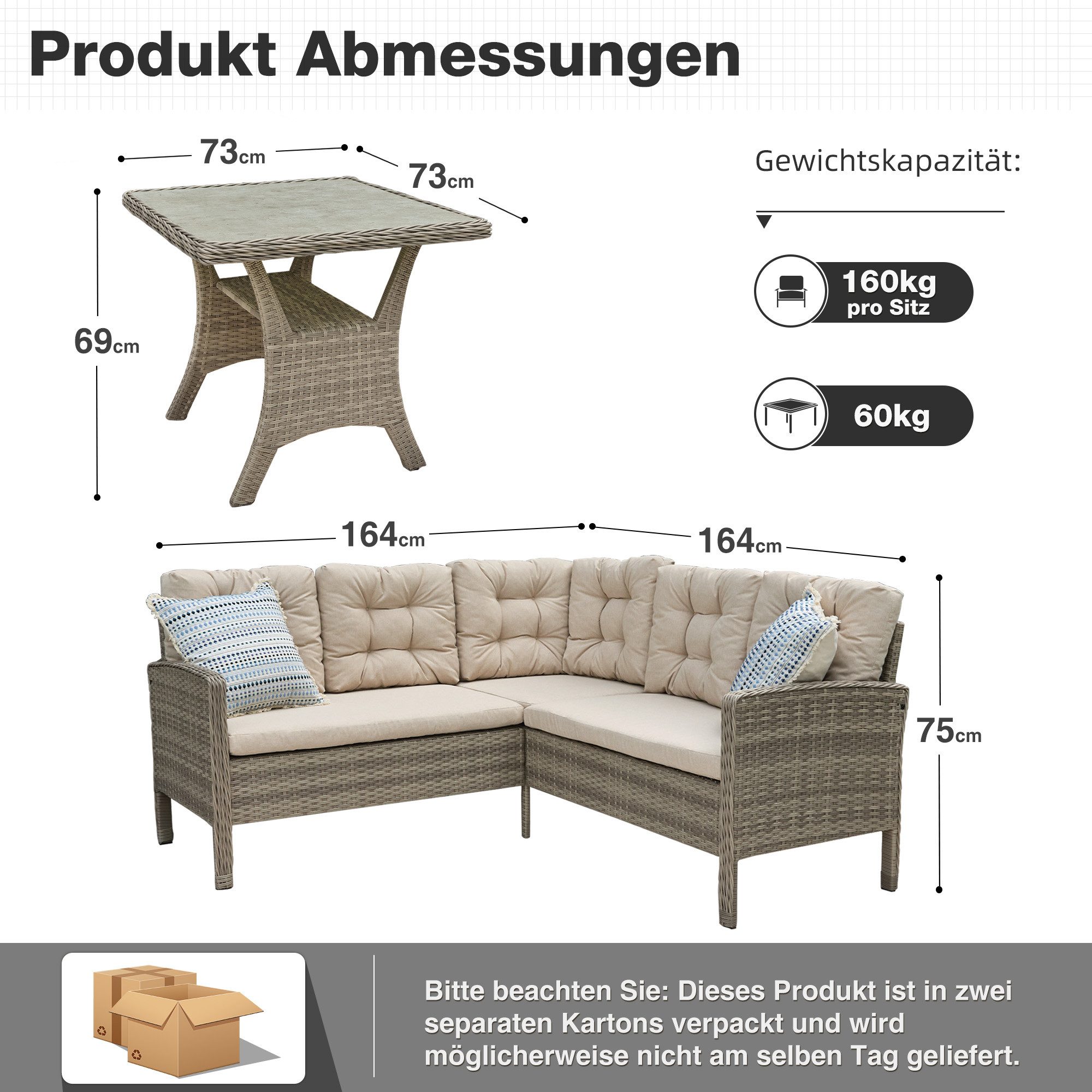 HOMECALL Gartenlounge-Set Gartenlounge-Set Dining Lounge mit Esstisch, Rattan für 5-6 Personen, (Set, 2x 2er Sofa, 1x 1er Sofa, 1x Tisch 73x73x69cm,Loungeset Outdoor), Wetterfester Rahmen Sitzbereich für 5 Personen, COMLAX FIELD