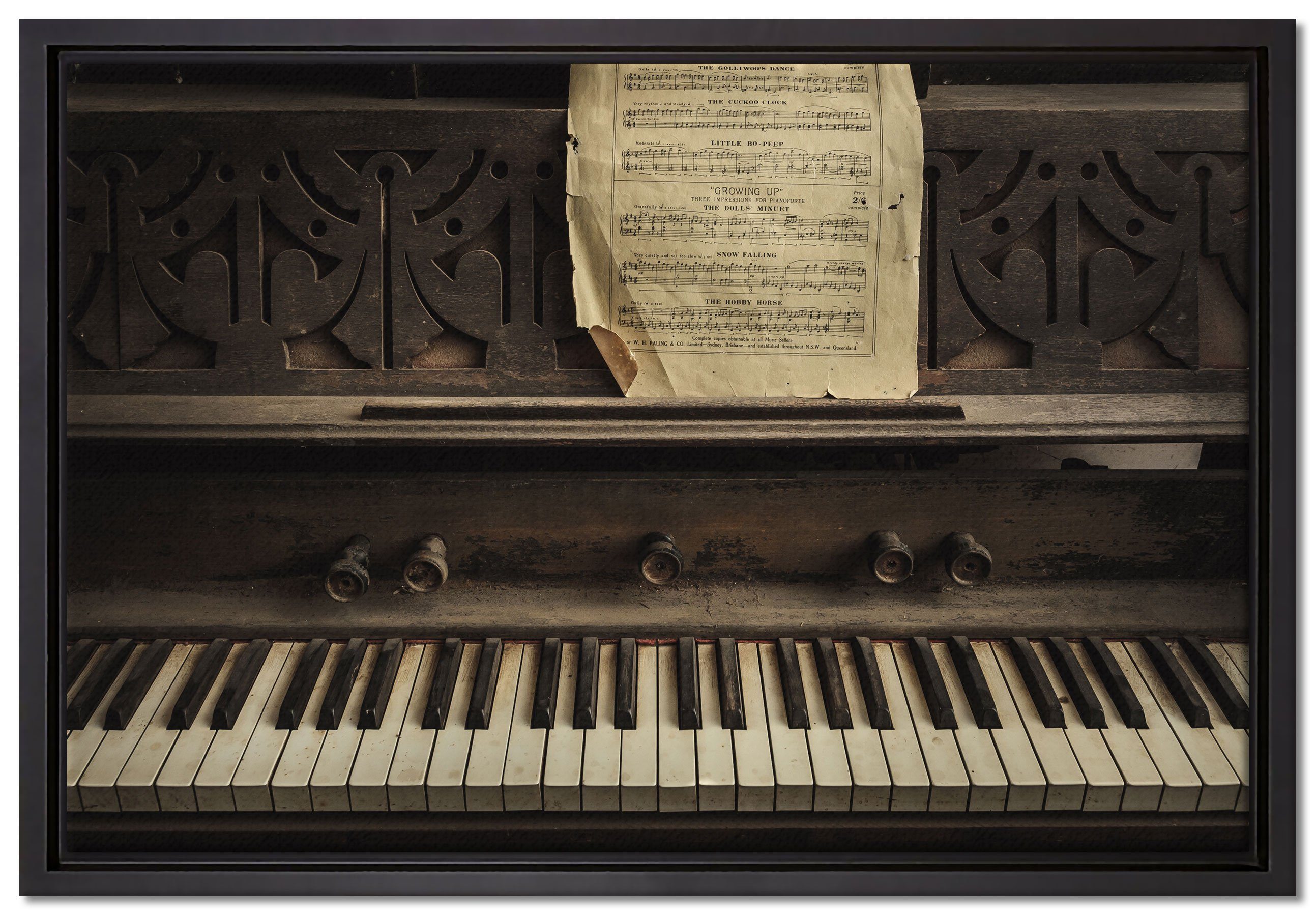 Pixxprint Leinwandbild Klavier mit Notenblatt, Wanddekoration (1 St), Leinwandbild fertig bespannt, in einem Schattenfugen-Bilderrahmen gefasst, inkl. Zackenaufhänger