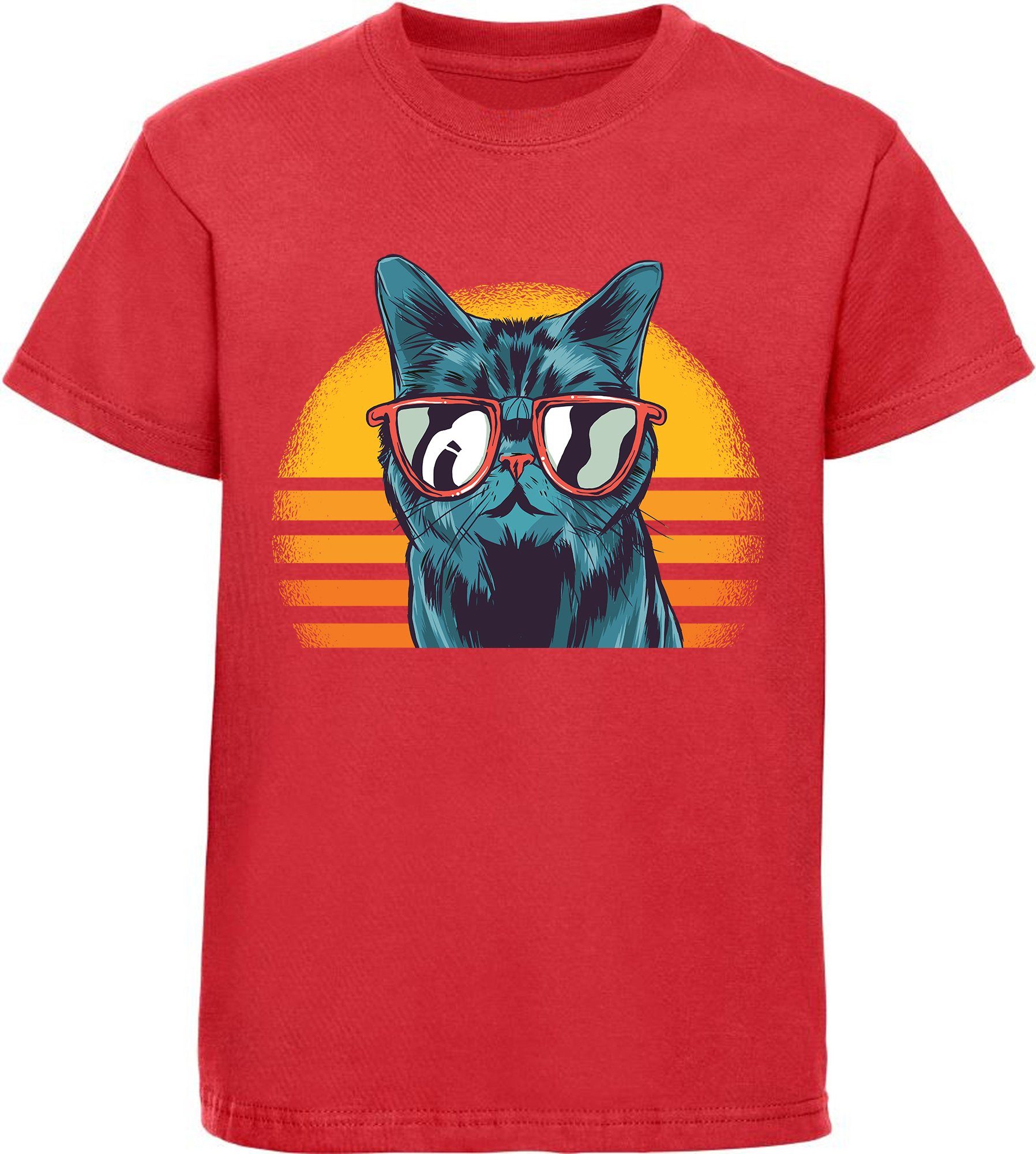 MyDesign24 Print-Shirt bedrucktes Kinder Mädchen T-Shirt coole Retro Katze mit Sonnenbrille Baumwollshirt mit Katze, weiß, schwarz, rot, rosa, i102