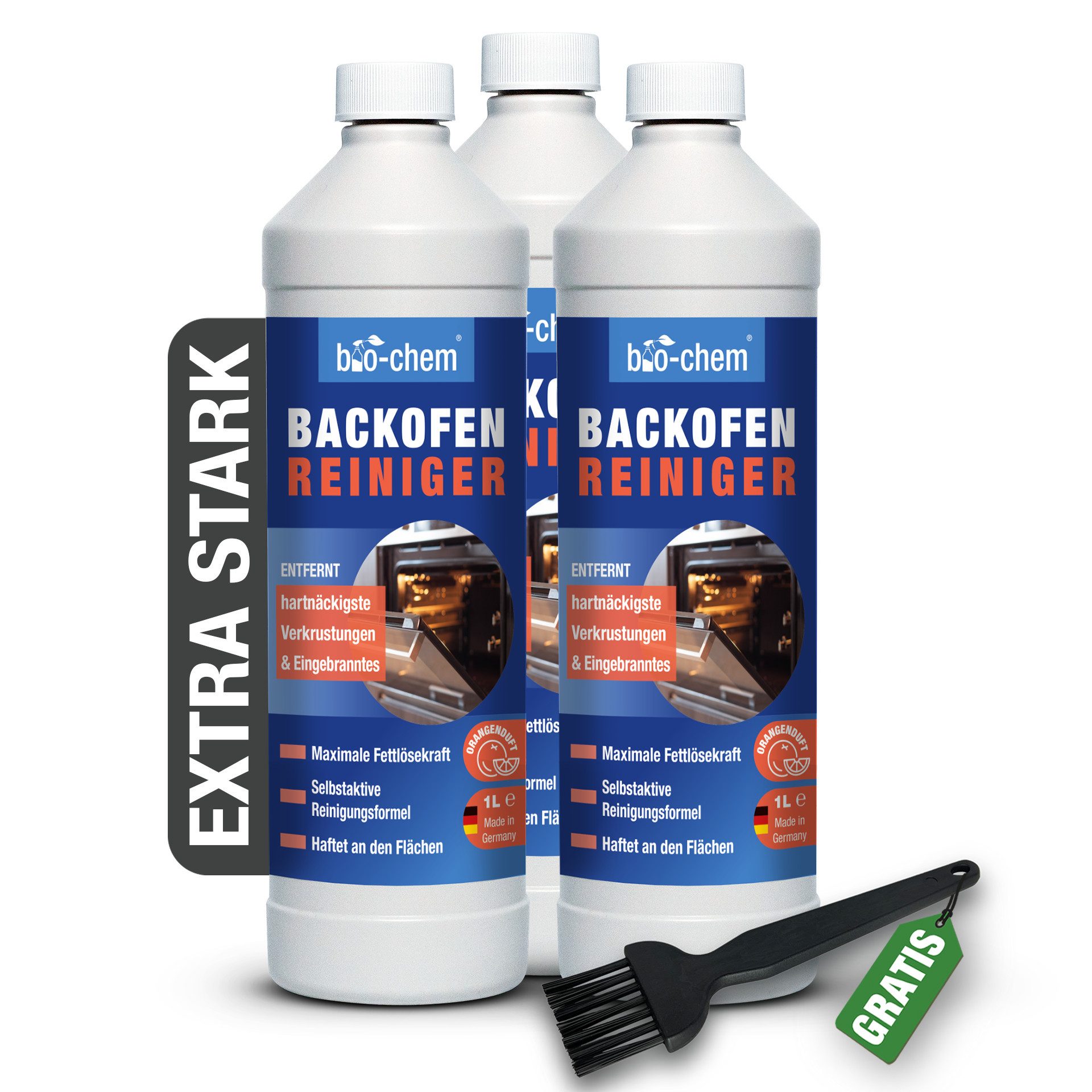 bio-chem Backofenreiniger 1000ML – EXTRA STARK ohne Schrubben Backofenreiniger (Starker Fettlöser, [- Backofenreiniger 3x 1 L + Pinsel schwarz Extra starke Fettlösekraft)