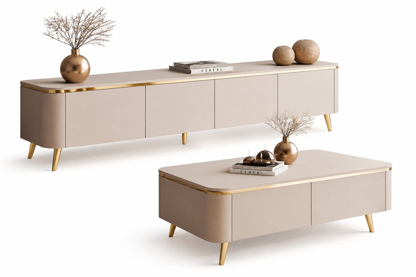 ALLHOUSE24 Wohnzimmer-Set LINE - TV-Schrank, Couchtisch, Kaschmir matt / Gold Metallfüßen, (2-St., Das Set besteht aus: TV Schrank, Couchtisch), Breite: TV Schr – Bild 3 von 5
