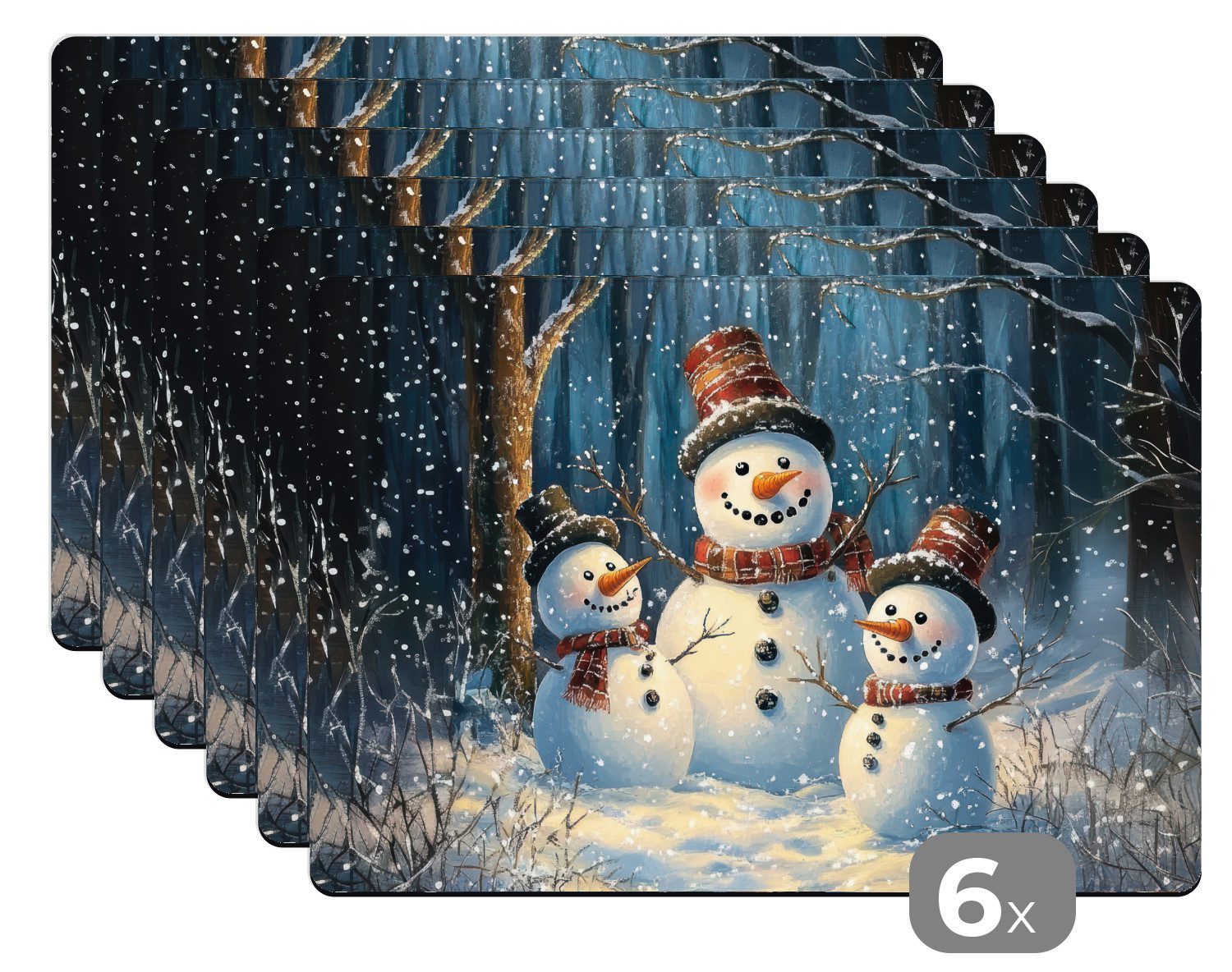 MuchoWow Platzset Schneemann - Schnee - Winter - Wald, (6-St), Platzsets, Tischset, Abwaschbar, Tischsets, Platzdeckchen