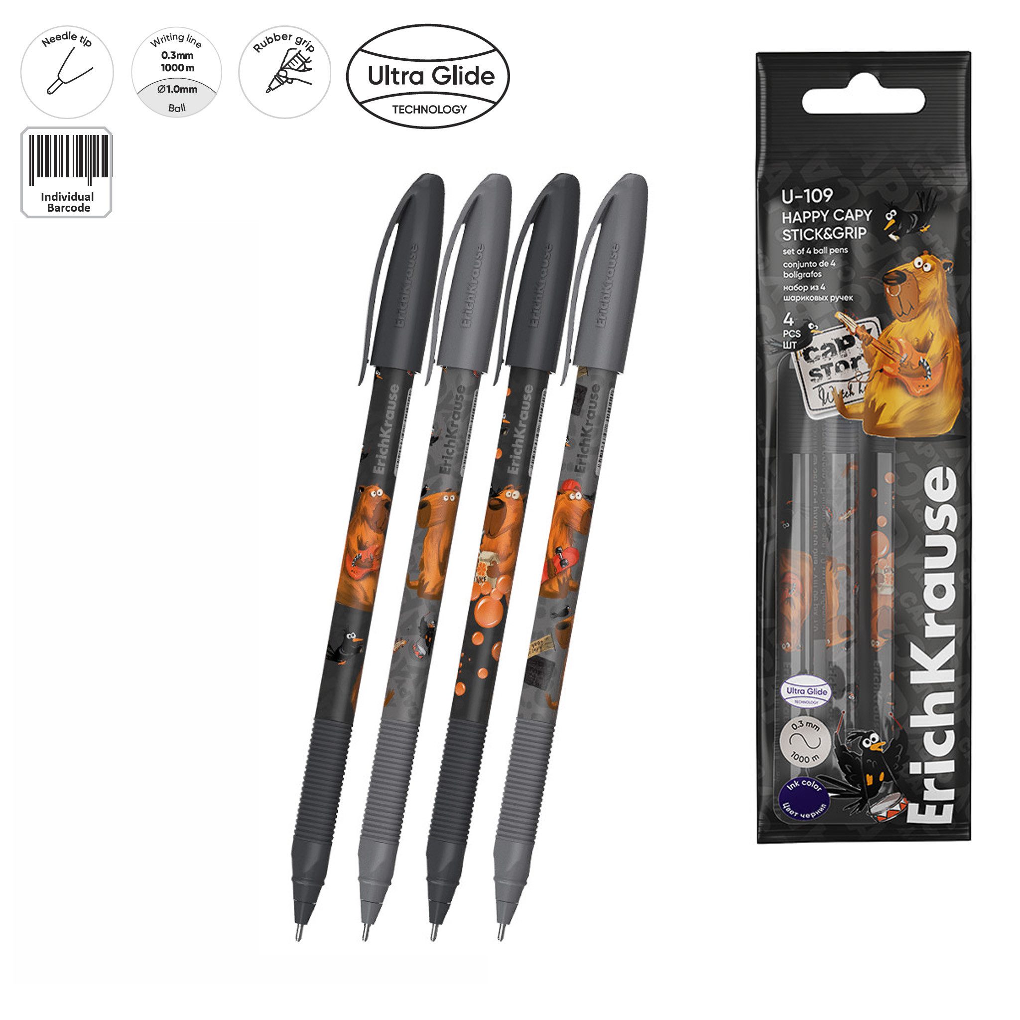 Erich Krause Kugelschreiber, Kugelschreiber U-109 Capybara Motiv 1,0mm 4er Set Blau