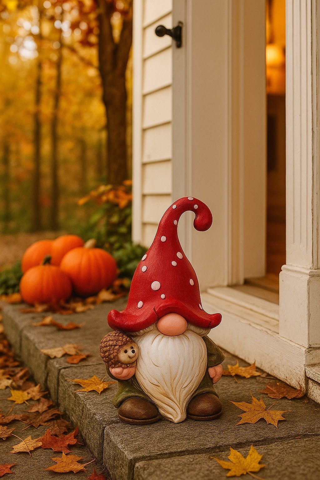 Dragimex Wichtel aus Polyresin 41 cm – mit Pilz oder Igel – Herbstdeko