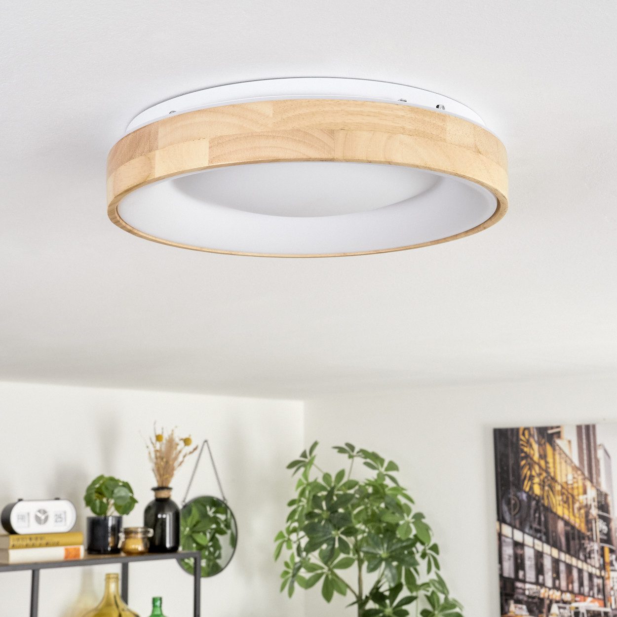 hofstein Deckenleuchte Deckenlampe aus Holz/Metall/Kunststoff in Natur/farbenWeiß, LED wechselbar, 3000 Kelvin, im skandinavisch/modernen Design mit rundem Schirm (30cm), 1-flammig