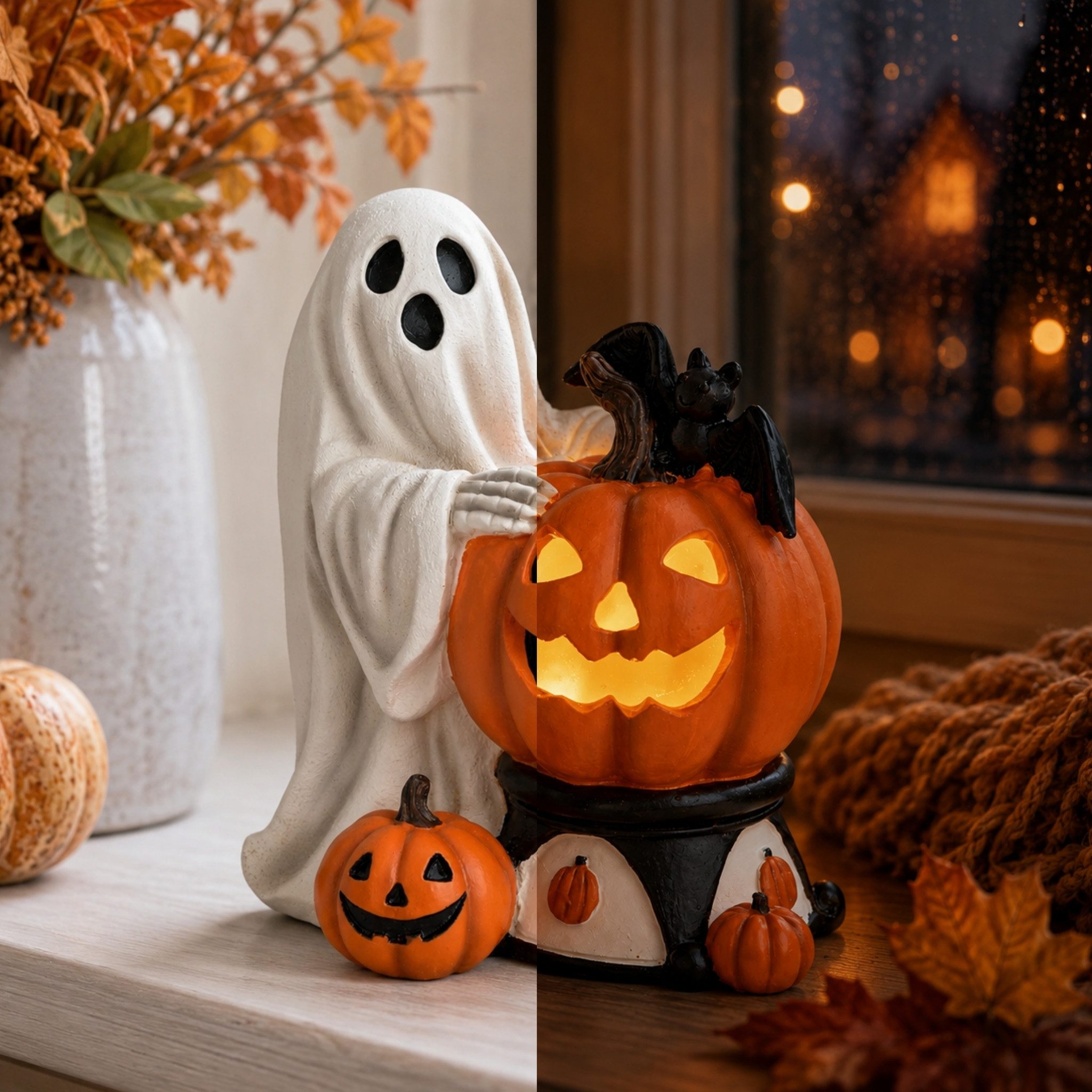 matches21 HOME & HOBBY Dekolicht LED Halloween Dekofigur in 14x15x10 cm - Geist mit Kürbis aus Poly, LED, Warmweiß, LED-Geist - Polyesin - 2×LR44 - kein Timer – Bild 5 von 5