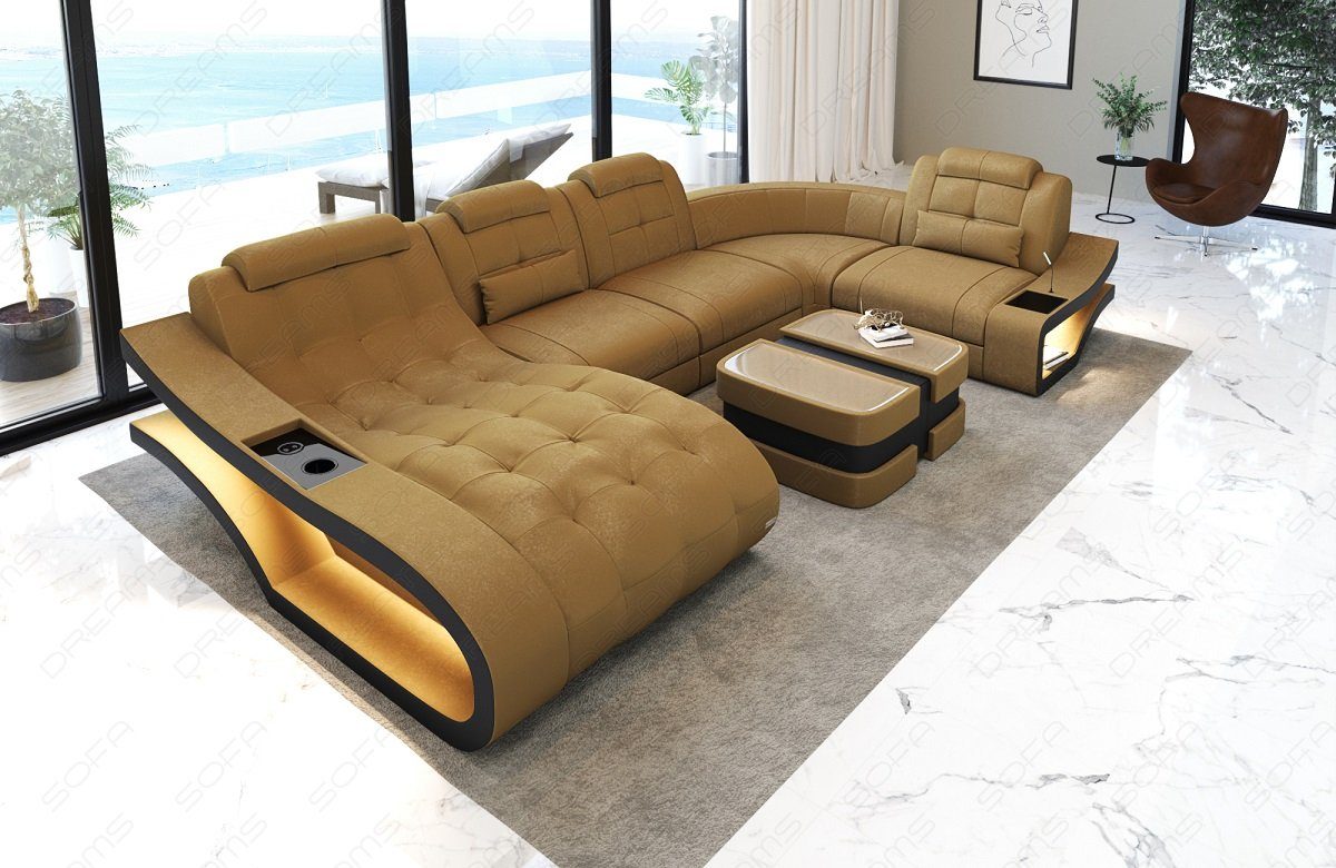 A mit Bettfunktion Couch, gold-schwarz Wohnlandschaft Dreams Elegante Polster U Sofa Form Sofa wahlweise - Stoffsofa Stoff