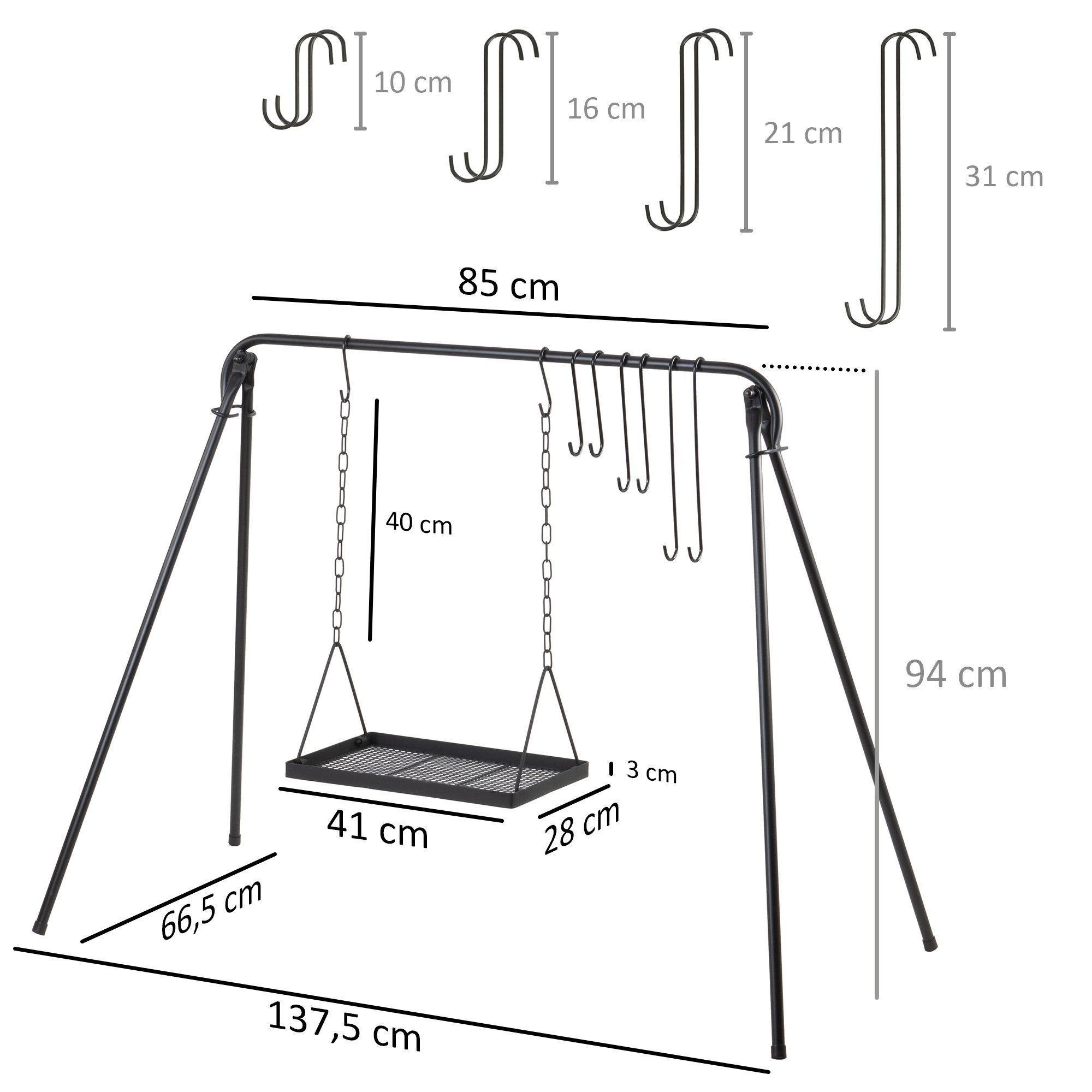 BBQ-Toro Holzkohlegrill Grillschaukel, 10-teilig, Grillgestell mit 8 Haken, Feuerschaukel, Inklusive 8 Haken