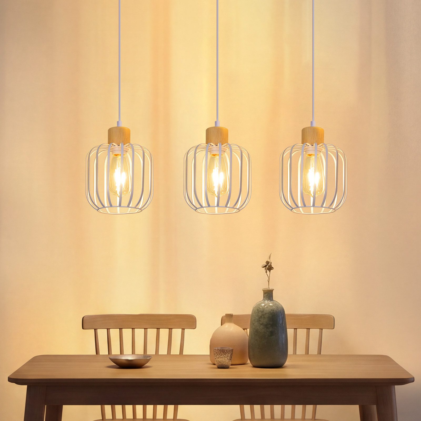 ZMH Pendelleuchte Weiß, 3 Köpfe, E27, geeignet für Esszimmer, Küche und Wohnzimmer, ohne Leuchtmittel, Hohlraum-Design, Holzfuß, höhenverstellbar, ohne Lichtquelle