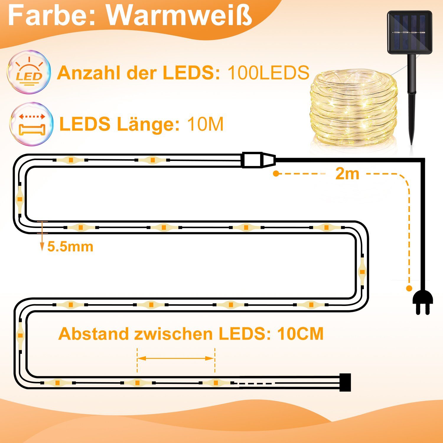 LED-Lichterschlauch Lospitch Lichterkette Solar Solarleuchte Solarleuchten,warmweiß LED LED 10m