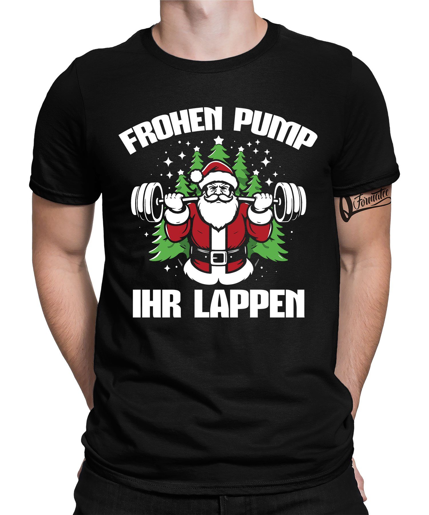 X-mas (1-tlg) Kurzarmshirt - Lappen T-Shirt Quattro ihr Formatee Schwarz Weihnachten Frohen Herren Christmas Pump