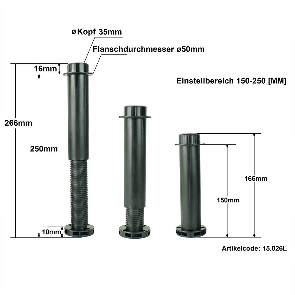 Prima-Online Möbelfuß 1 Set Möbelfuß mit Montagekopf Bettfuß verstellbar Stützfuß 15-25cm