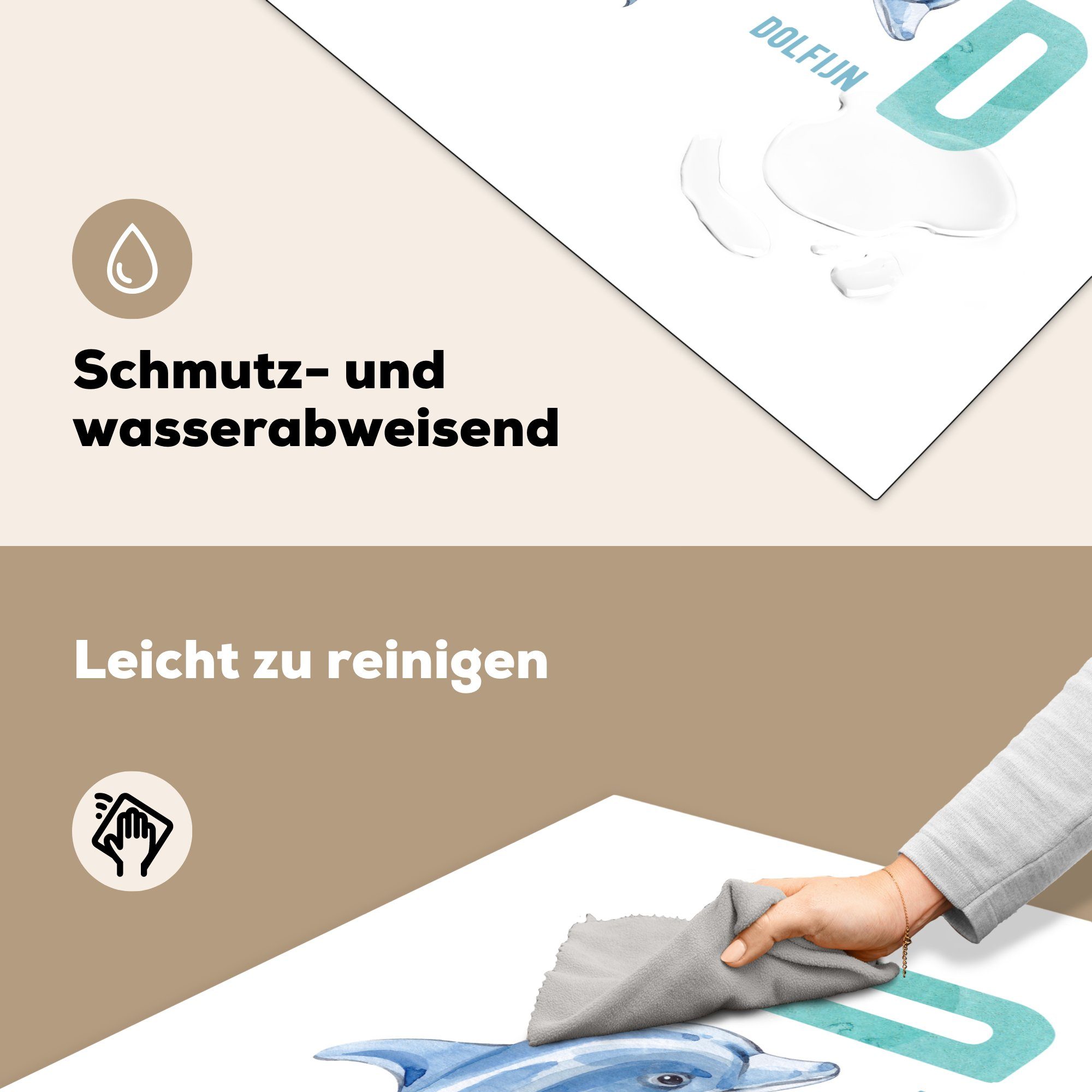 (1 Alphabet Arbeitsplatte cm, - Tiere - Ceranfeldabdeckung, tlg), MuchoWow 78x78 küche Delfin, Herdblende-/Abdeckplatte für Vinyl,