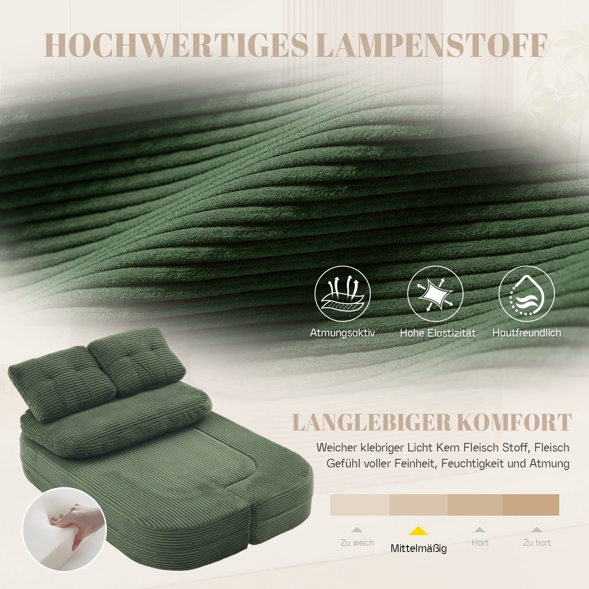 BlingBin Schlafsofa 2-Sitzer Sofabett, Cordbezug, Bodensofa zum Schlafsofa umwandelbar, 1er Set 1 Teile, Liegefläche 123 x 165 cm, 15 cm dicke Matratze für das Wohnzimmer