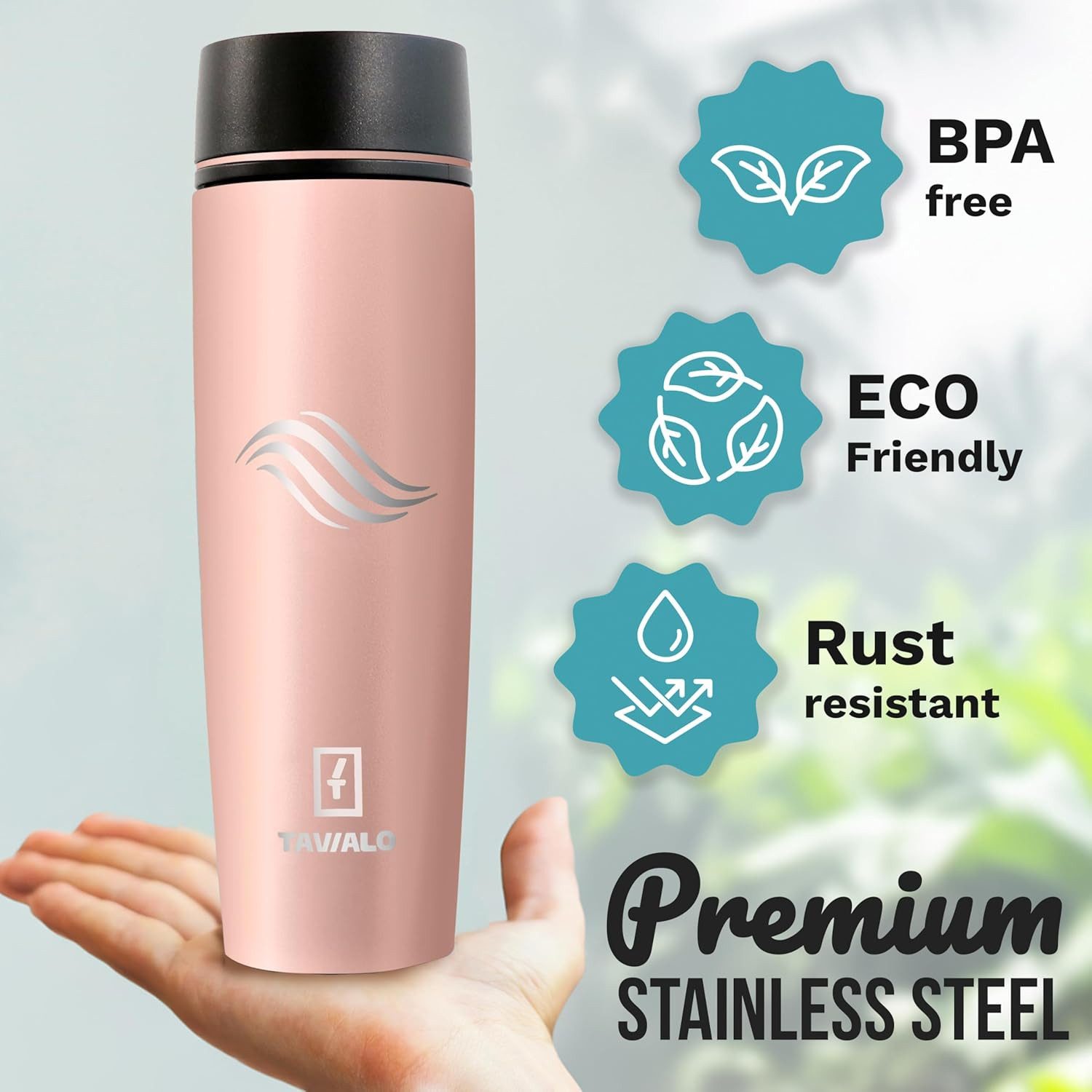 TAVIALO Isolierflasche 460ml puderrosa matt Inox Edelstahl, Pulverbeschichtung, Kaffeebecher, ideal für Reisen, Schule, Camping, Wanderungen, beim Sport