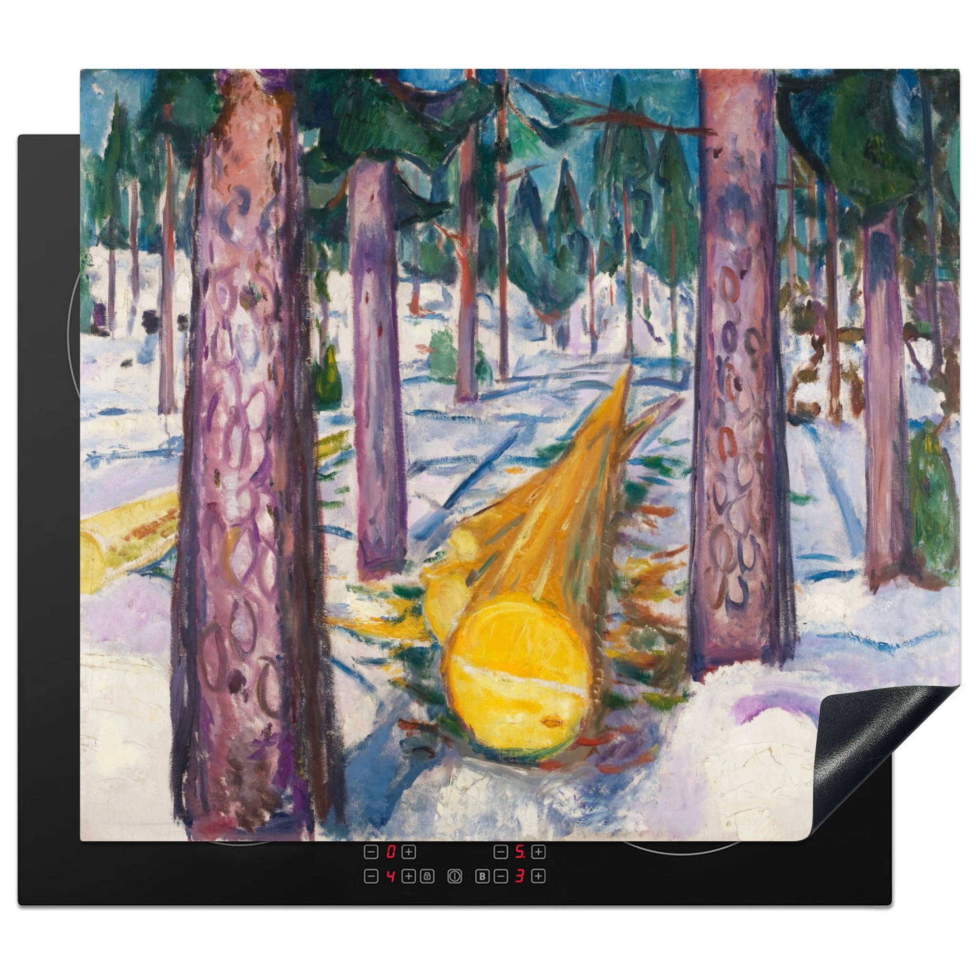 MuchoWow Herdblende-/Abdeckplatte Der gelbe Baumstamm - Gemälde von Edvard Munch, Vinyl, (1 tlg), 60x52 cm, Mobile Arbeitsfläche nutzbar, Ceranfeldabdeckung