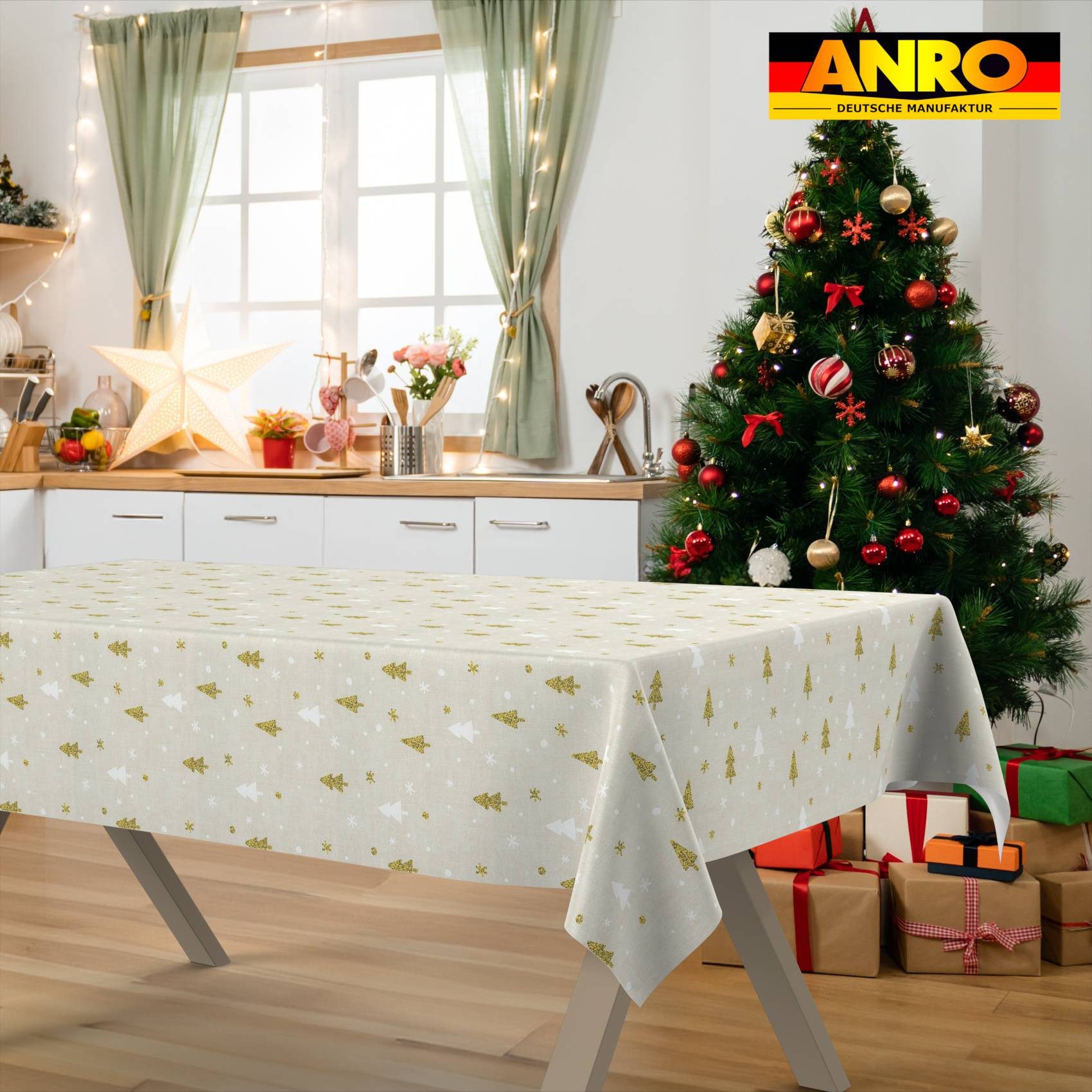 ANRO Tischdecke pflegeleicht Weihnachten Tischtuch Christmas Tannenbaum Tischwäsche (Einzelstück 1-tlg), Schutz-Beschichtung wasserabweisend Gold 90x130cm