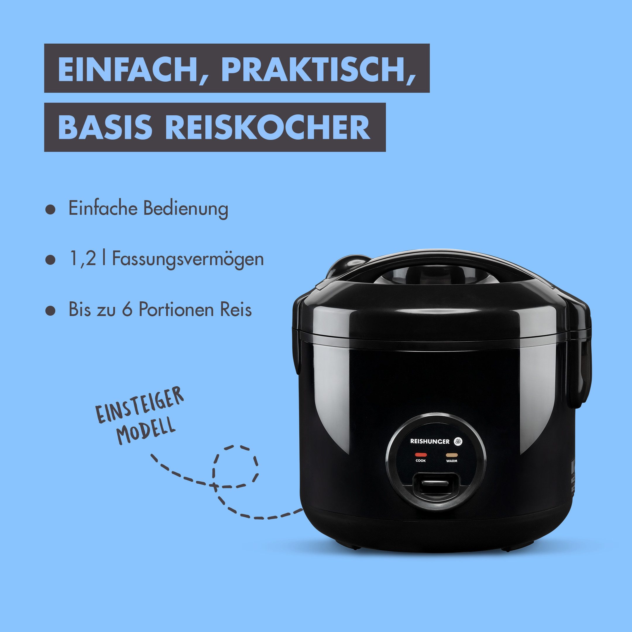 Reishunger Reiskocher Basismodell – 1,2 L – Für 1-6 Personen – Zubereitung ohne Anbrennen –, 500 W, Mit Dampfgarfunktion & Warmhaltefunktion