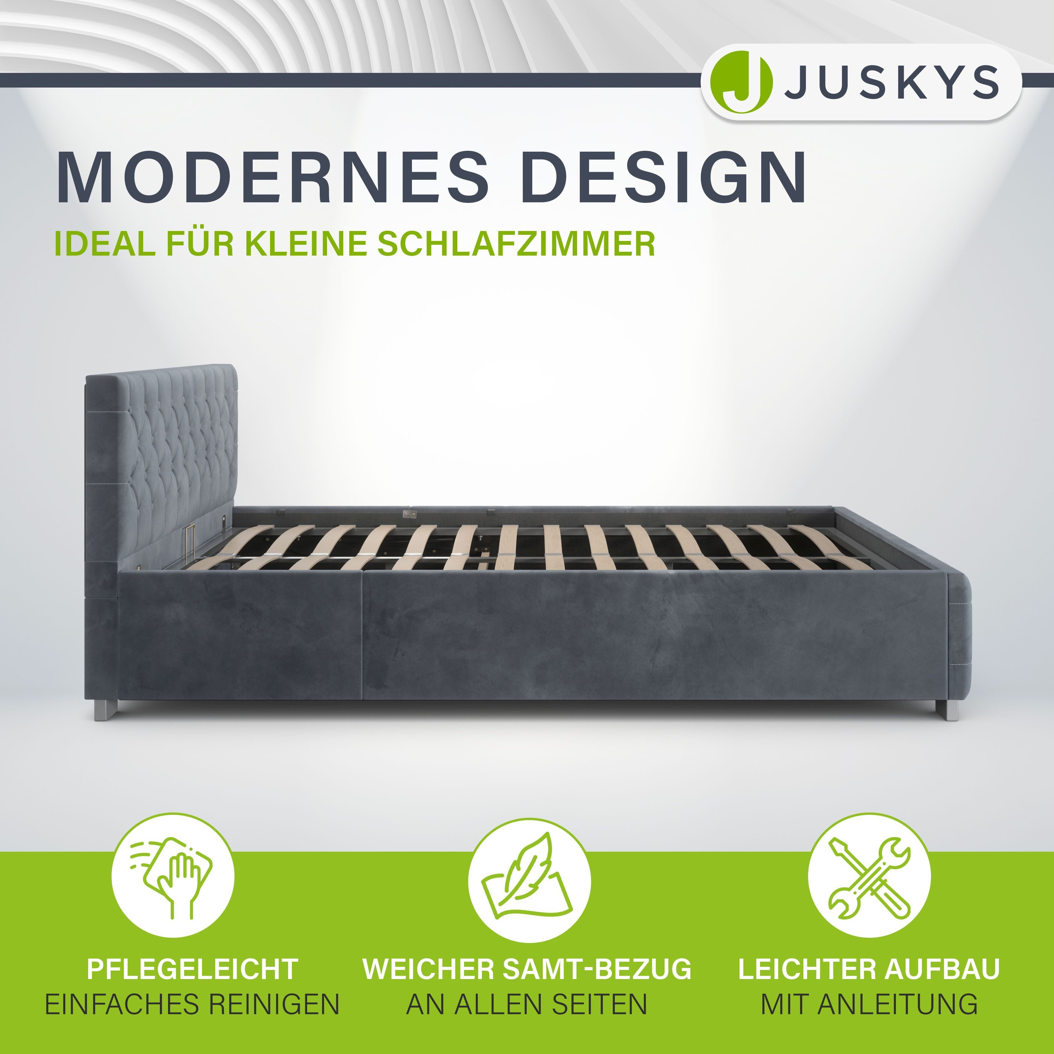 Juskys Polsterbett Nizza, Stauraum, LED Licht, Chesterfield Steppung, Samtbezug