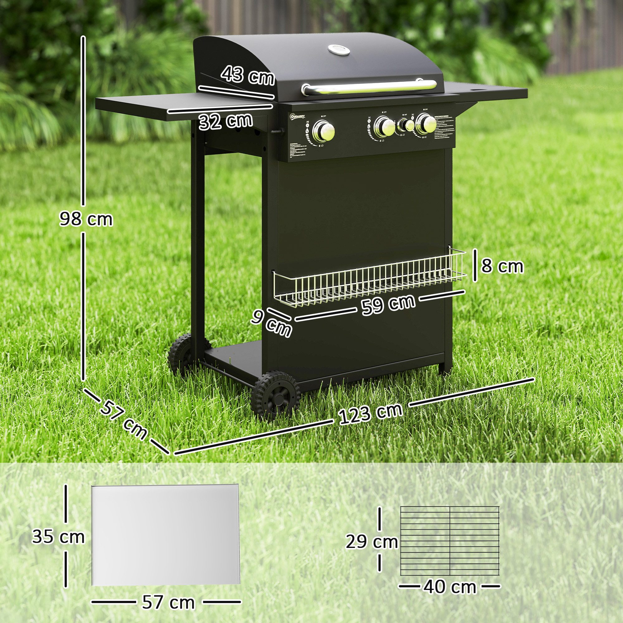 Outsunny Gasgrill inkl 4 Brenner, Seitenkocher, Rolle, BBQ Gartengrill, 9,5 KW Grillwagen, mit Thermometer, Seitenablagen, für Balkon, Grill 123 x 57 x 98 cm