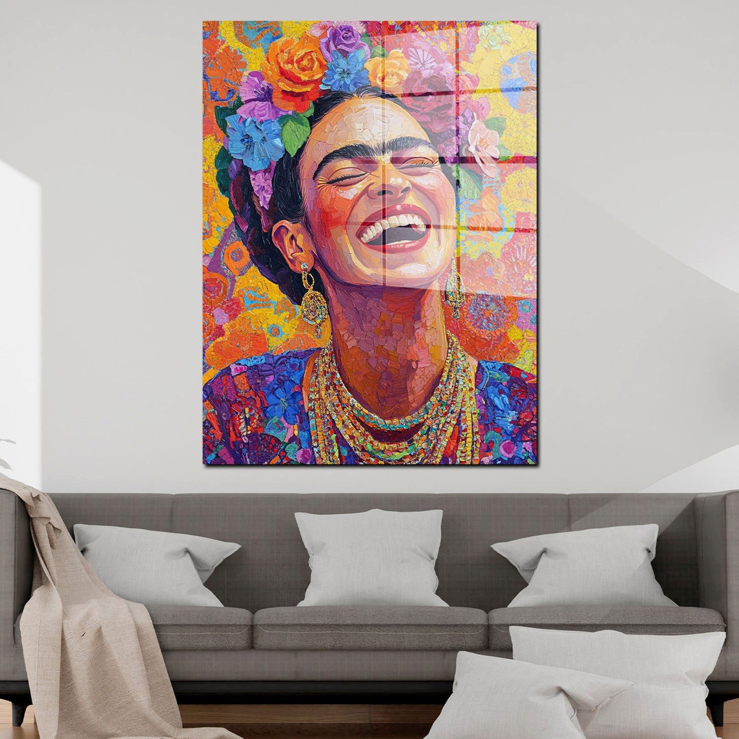 Artedinoi Acrylglasbild Frida mit Blumen Pop Art Acrylglas Wandbild Bild Wanddeko Wohnzimmer X
