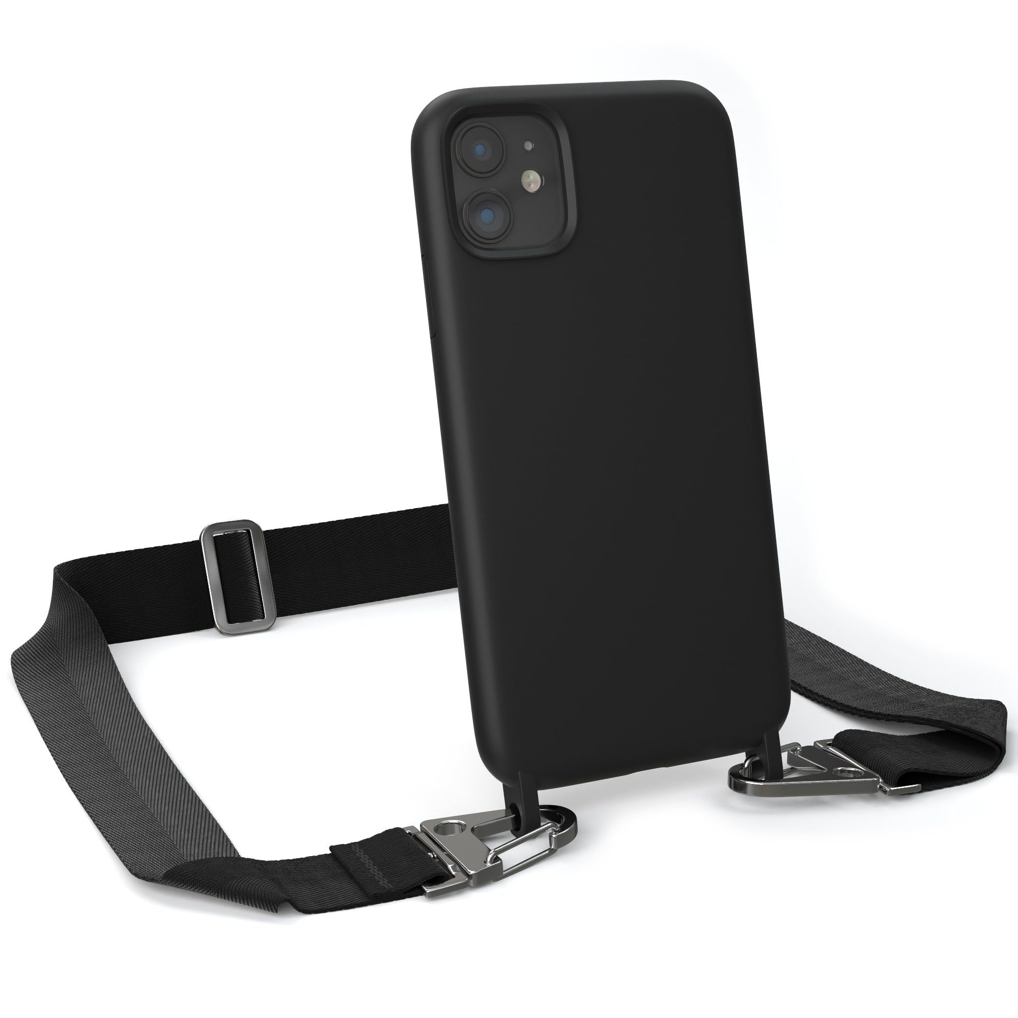 EAZY CASE Handykette Karabiner Breitband für Apple iPhone 11 6,1 Zoll, Schutzhülle zum Umhängen Handyhülle Umhängeband Matt Schwarz Silber