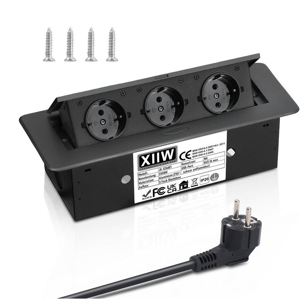XERSEK 1.8m Kabel + Netzteil Versenkbar Einbausteckdose Tischsteckdose 230V Einbau-Tischsteckdosenleiste (3-Fach 3500W/16A Tischplatte Bodensteckdose Pop-up), Aluminium Steckdosenleiste für Möbel, Büro, Küche