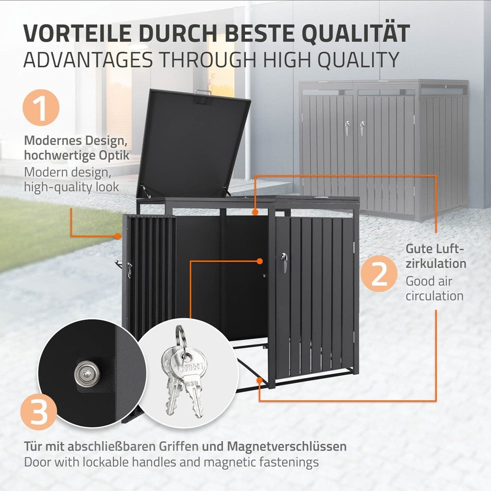 ML-DESIGN Mülltonnenbox Müllbox aus Stahl wetterfeste Mülltonnen Verkleidung Mülltonnengarage, Mülltonnencontainer mit Klappdeckel/Tür für 2 Tonne 120 oder 240 Liter