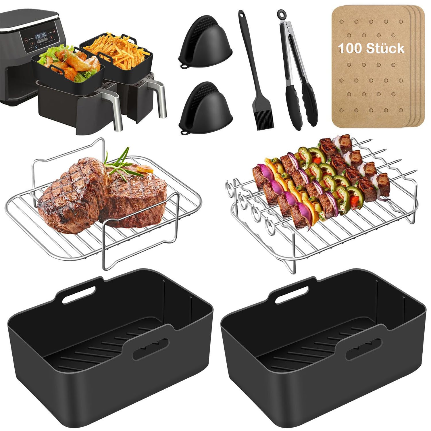 SURFOU Backform Heißluftfritteuse zubehör airfryer zubehör 15-teilig BPA-frei fürNinja, (für Ninja Foodi AF300EU AF400EU 7,6L-9,5L und die meisten Dual Zone Heißluftfritteusen, Schnell zubereitet, gesund, fettarm, 304Edelstahl, Lebensmittelechtes Silikon,