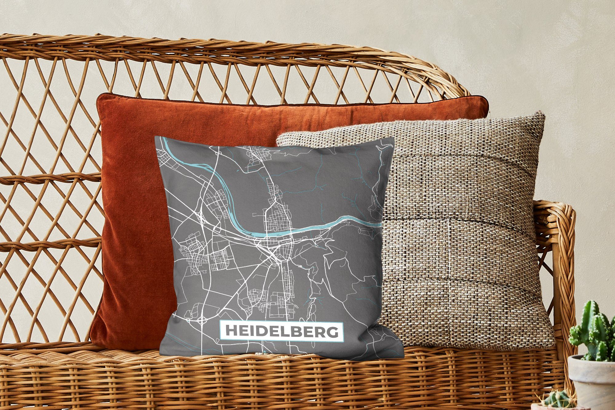 Stadtplan Karte, Deko, für - Sofakissen Deutschland mit - - Zierkissen Blau Heidelberg MuchoWow - Füllung Schlafzimmer, Dekokissen Wohzimmer,