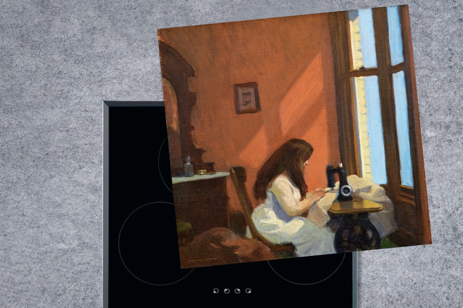 (1 für MuchoWow cm, - Hopper, an tlg), Herdblende-/Abdeckplatte Edward Vinyl, küche Mädchen der Nähmaschine Arbeitsplatte Ceranfeldabdeckung, 78x78
