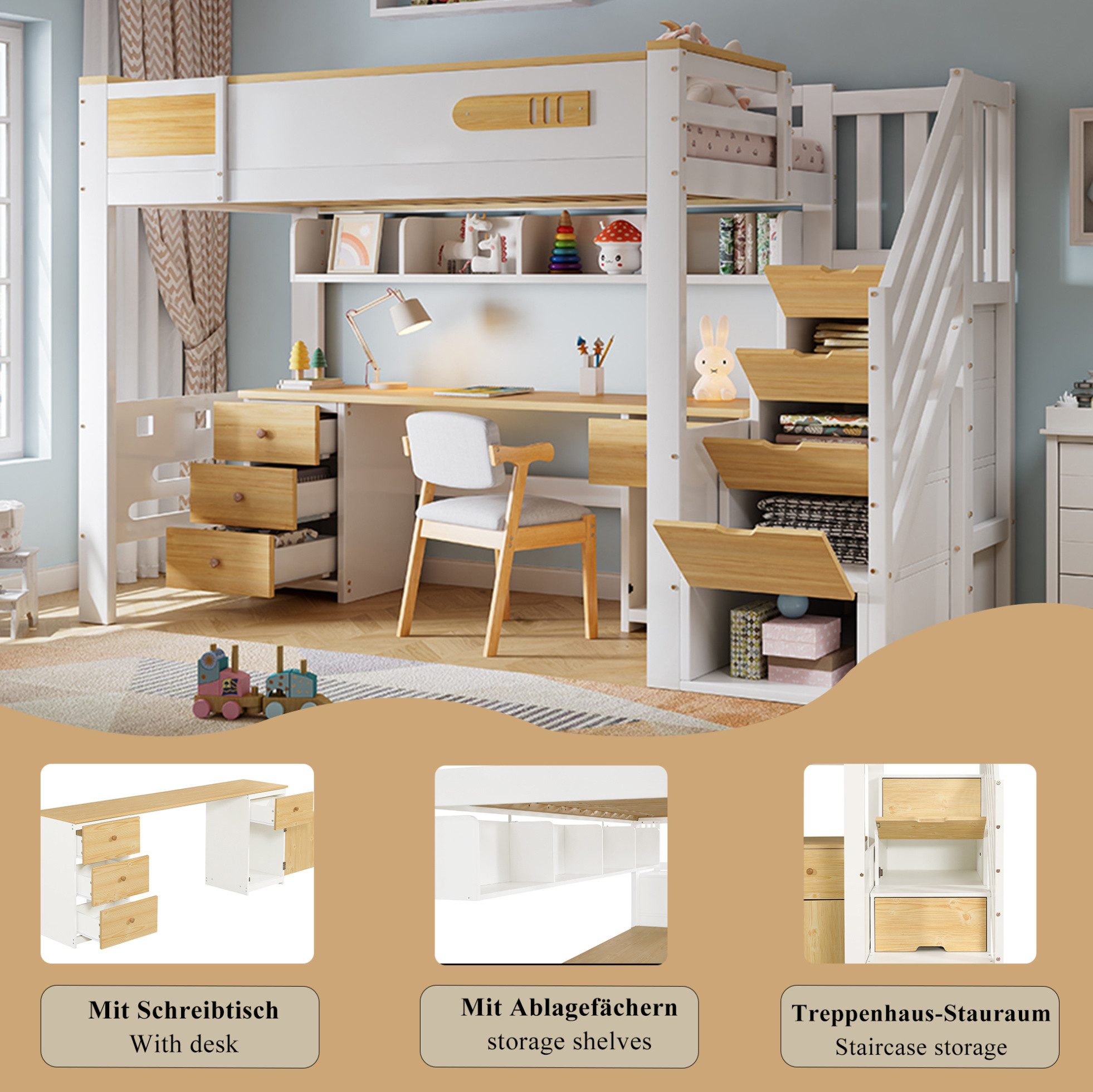 OKWISH Hochbett Jugendbett (mit Schreibtisch und Stauraum – 90x200 cm, Kinderbett mit Schubladen, Aufbewahrungstreppe und Wandregal, Stauraumbett Holzbett) Inklusive Matratze