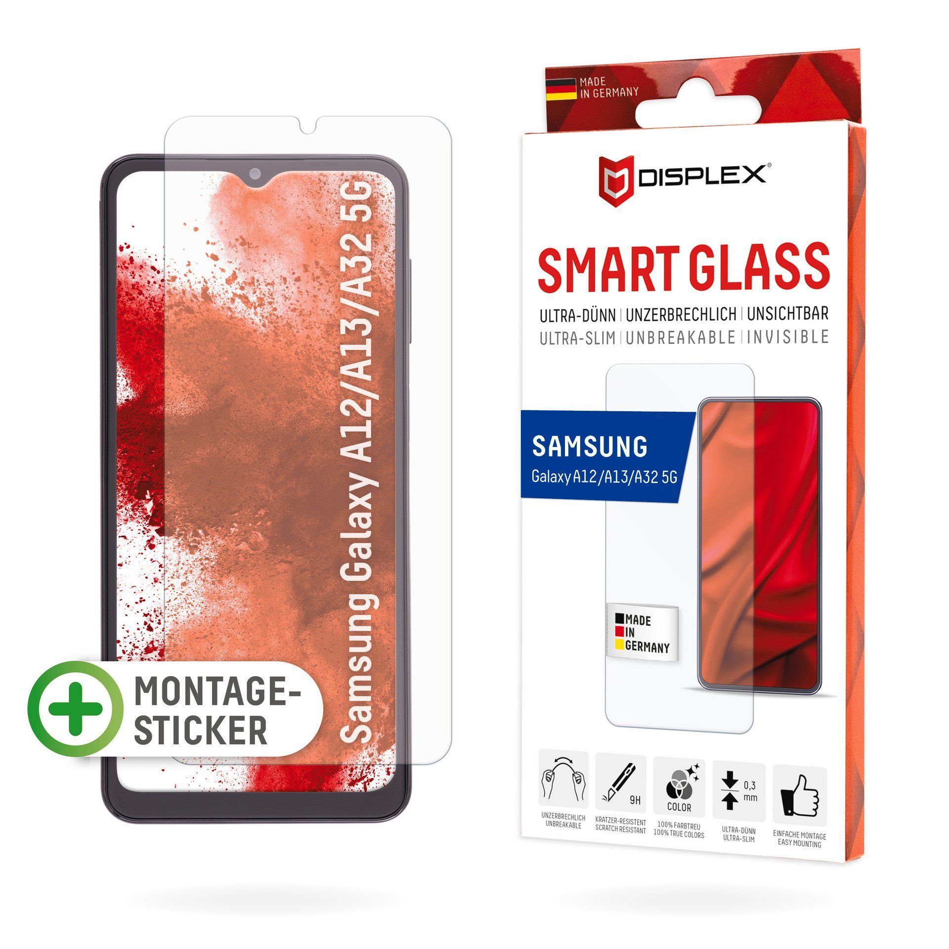 Displex Displayschutzglas Smart Glass für Samsung Galaxy A12 5G, Samsung Galaxy A13 5G, Samsung Galaxy A32 5G, Displayschutzfolie Displayschutz kratzer-resistent 9H unzerbrechlich