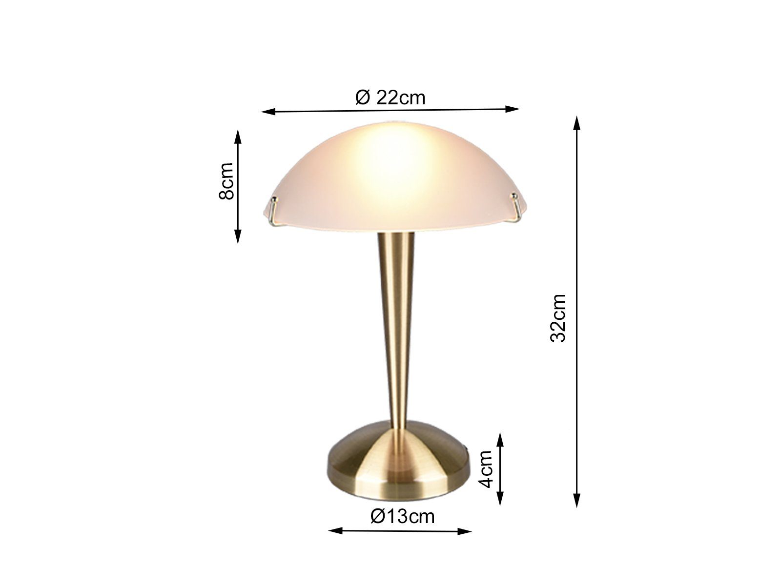 Bauhaus-stil Touch LED 32cm per dimmbar, H: Pilz-Lampe Lampenschirm, Nachttischlampe, meineWunschleuchte wechselbar, Messing-Weiß LED Glas Dimmfunktion,