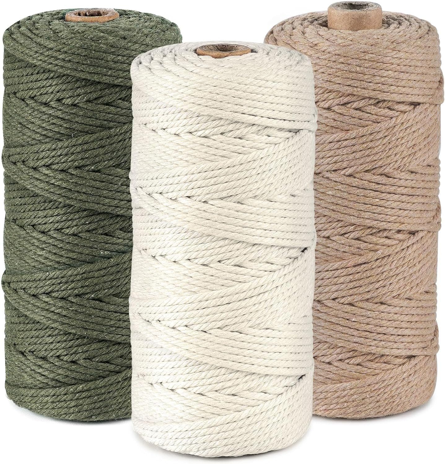 Coonoor 3 Stück Makramee Garn,3mm x 100m Baumwollkordel in Naturtönen Nähgarn, für DIY-Handarbeiten, Flechtkunst und kreative Verpackungen
