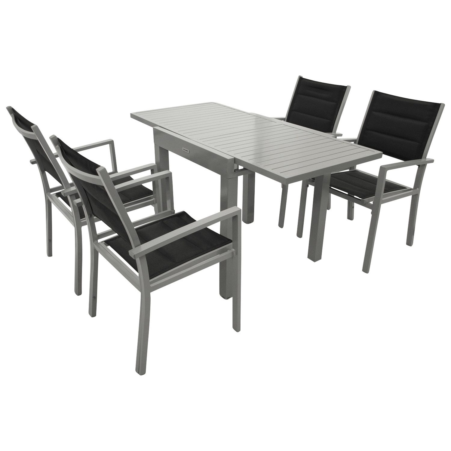 DEGAMO Garten-Essgruppe TIRANA 5-teilig, 4x Gartensessel, 1x Ausziehtisch 70/140x70cm, Alu silbergrau