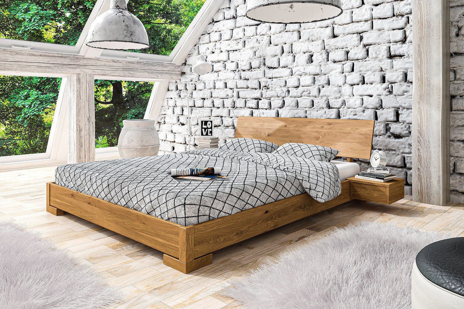 Natur24 Einzelbett Bett Bento 3 Wildeiche massiv 100x200 mit Holzkopfteil  und Holzbeinen